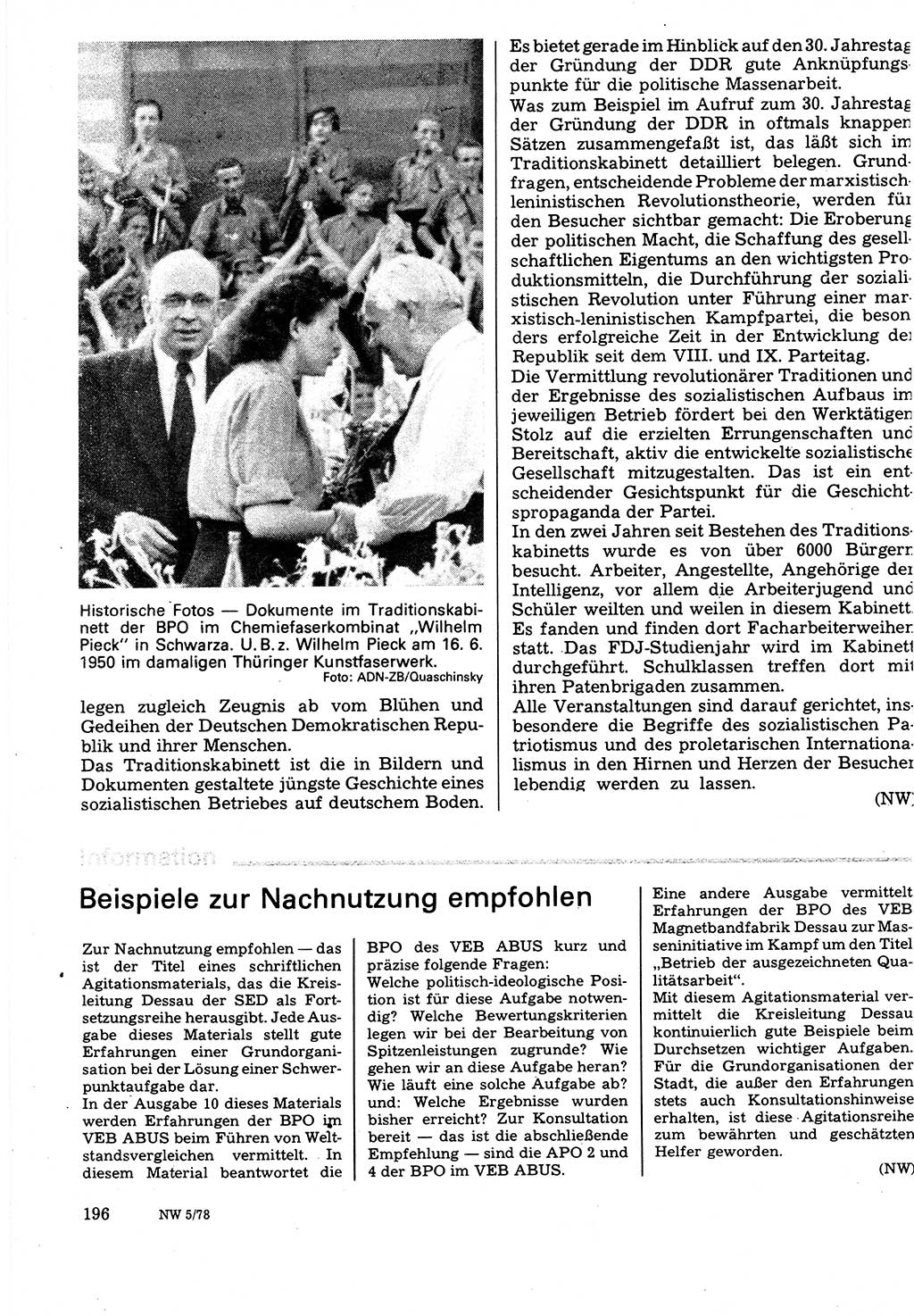Neuer Weg (NW), Organ des Zentralkomitees (ZK) der SED (Sozialistische Einheitspartei Deutschlands) für Fragen des Parteilebens, 33. Jahrgang [Deutsche Demokratische Republik (DDR)] 1978, Seite 196 (NW ZK SED DDR 1978, S. 196)