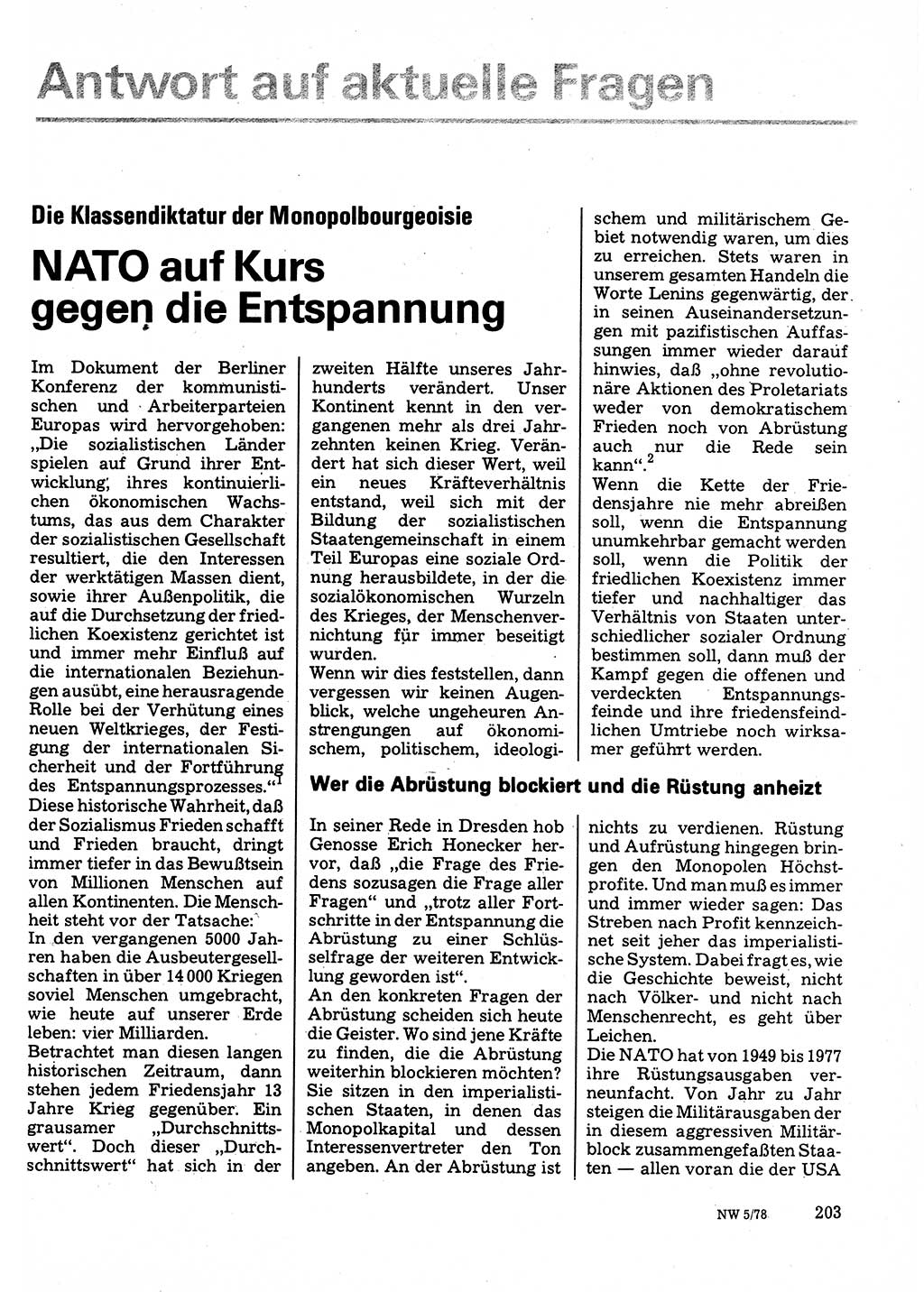 Neuer Weg (NW), Organ des Zentralkomitees (ZK) der SED (Sozialistische Einheitspartei Deutschlands) für Fragen des Parteilebens, 33. Jahrgang [Deutsche Demokratische Republik (DDR)] 1978, Seite 203 (NW ZK SED DDR 1978, S. 203)