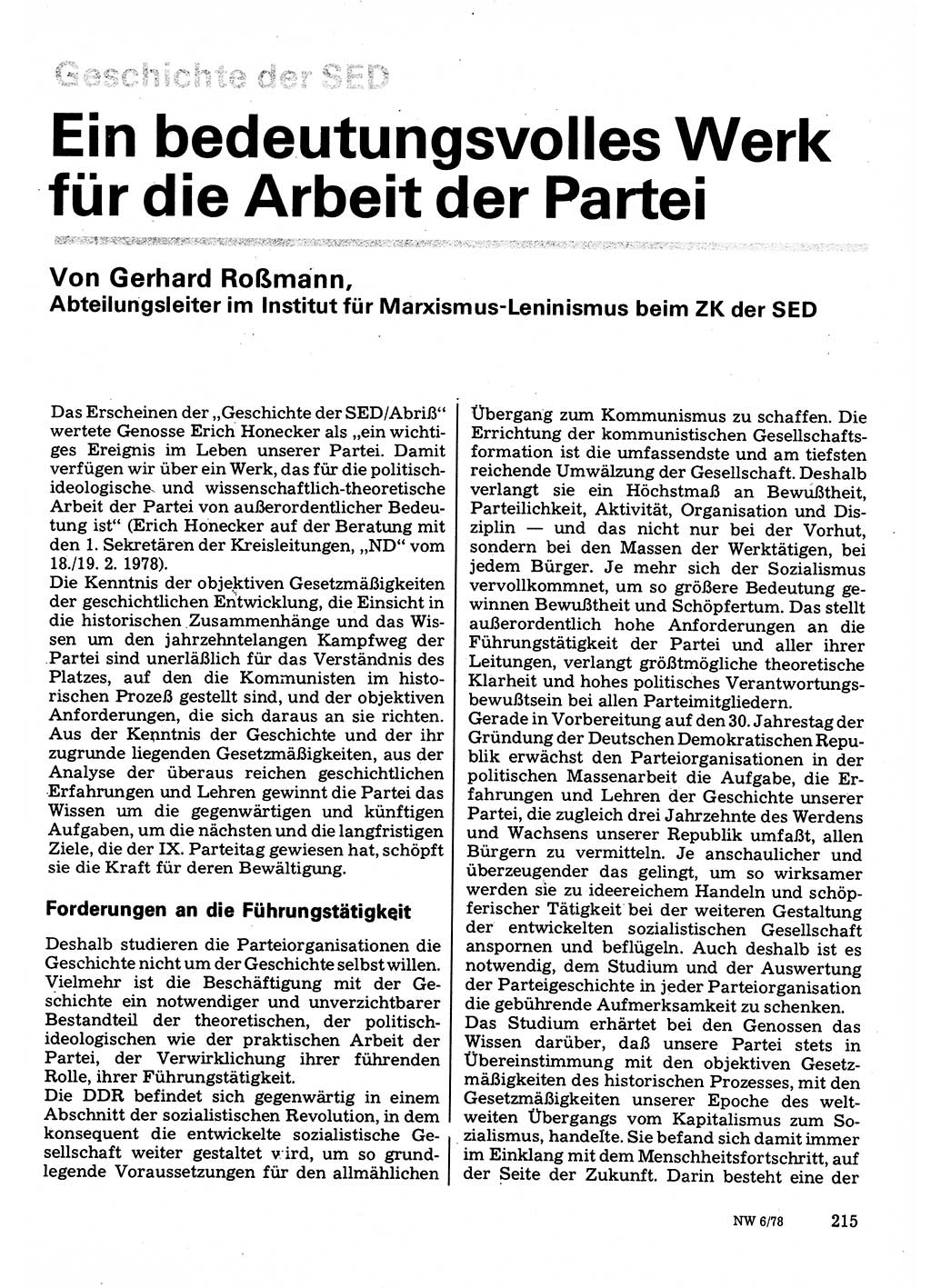 Neuer Weg (NW), Organ des Zentralkomitees (ZK) der SED (Sozialistische Einheitspartei Deutschlands) für Fragen des Parteilebens, 33. Jahrgang [Deutsche Demokratische Republik (DDR)] 1978, Seite 215 (NW ZK SED DDR 1978, S. 215)