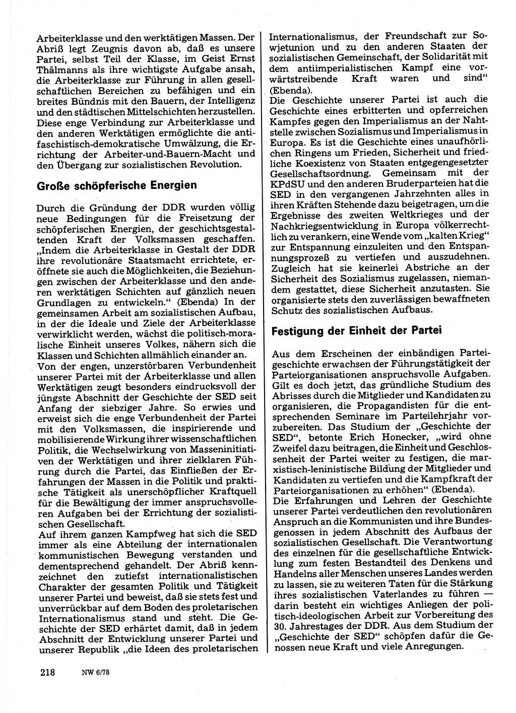 Neuer Weg (NW), Organ des Zentralkomitees (ZK) der SED (Sozialistische Einheitspartei Deutschlands) für Fragen des Parteilebens, 33. Jahrgang [Deutsche Demokratische Republik (DDR)] 1978, Seite 218 (NW ZK SED DDR 1978, S. 218)