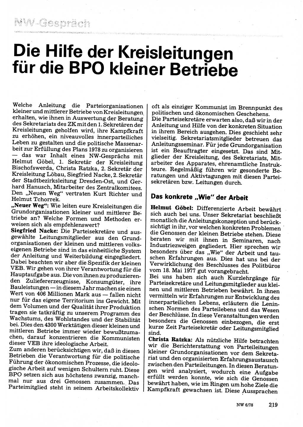 Neuer Weg (NW), Organ des Zentralkomitees (ZK) der SED (Sozialistische Einheitspartei Deutschlands) für Fragen des Parteilebens, 33. Jahrgang [Deutsche Demokratische Republik (DDR)] 1978, Seite 219 (NW ZK SED DDR 1978, S. 219)