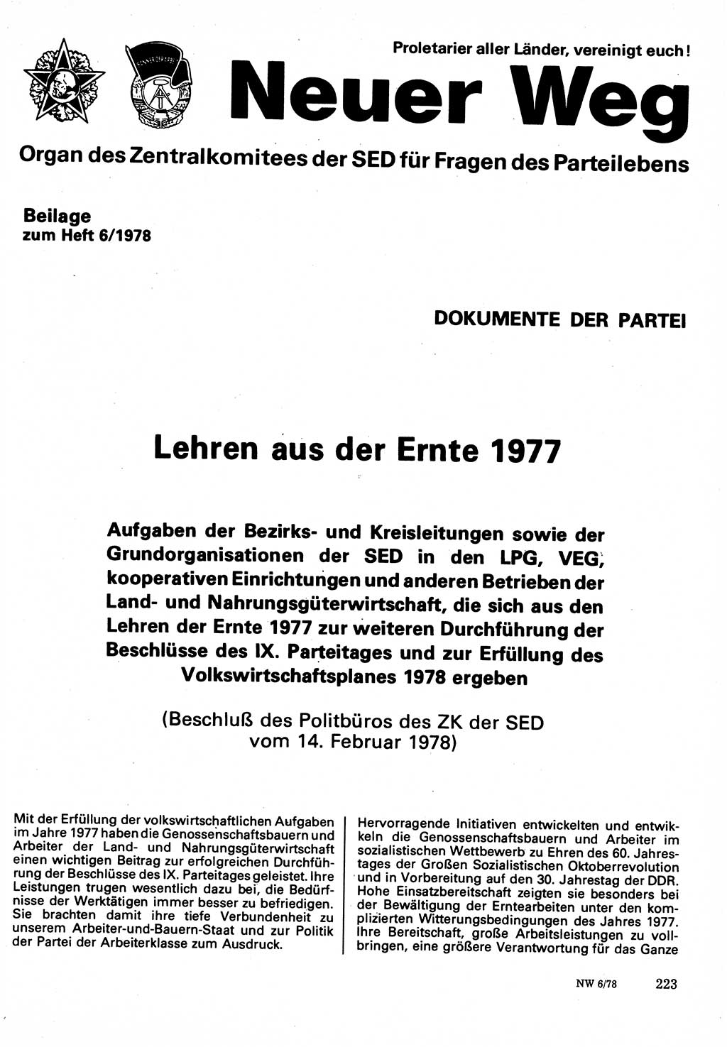 Neuer Weg (NW), Organ des Zentralkomitees (ZK) der SED (Sozialistische Einheitspartei Deutschlands) für Fragen des Parteilebens, 33. Jahrgang [Deutsche Demokratische Republik (DDR)] 1978, Seite 223 (NW ZK SED DDR 1978, S. 223)