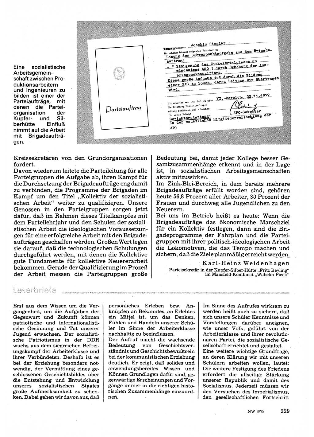 Neuer Weg (NW), Organ des Zentralkomitees (ZK) der SED (Sozialistische Einheitspartei Deutschlands) für Fragen des Parteilebens, 33. Jahrgang [Deutsche Demokratische Republik (DDR)] 1978, Seite 229 (NW ZK SED DDR 1978, S. 229)