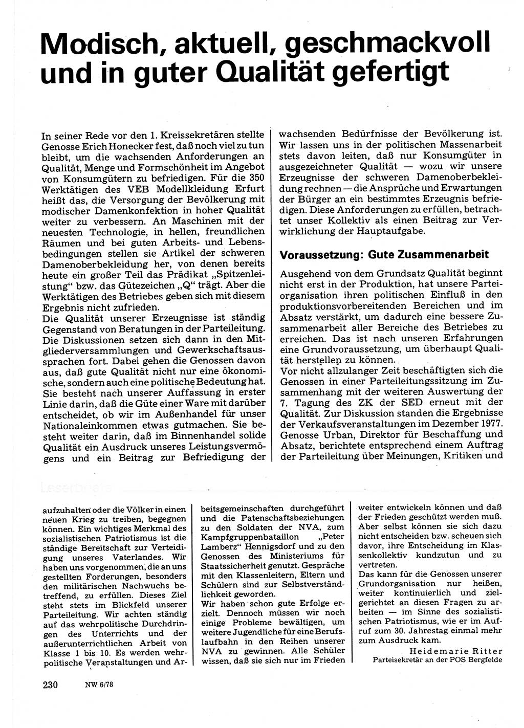 Neuer Weg (NW), Organ des Zentralkomitees (ZK) der SED (Sozialistische Einheitspartei Deutschlands) für Fragen des Parteilebens, 33. Jahrgang [Deutsche Demokratische Republik (DDR)] 1978, Seite 230 (NW ZK SED DDR 1978, S. 230)