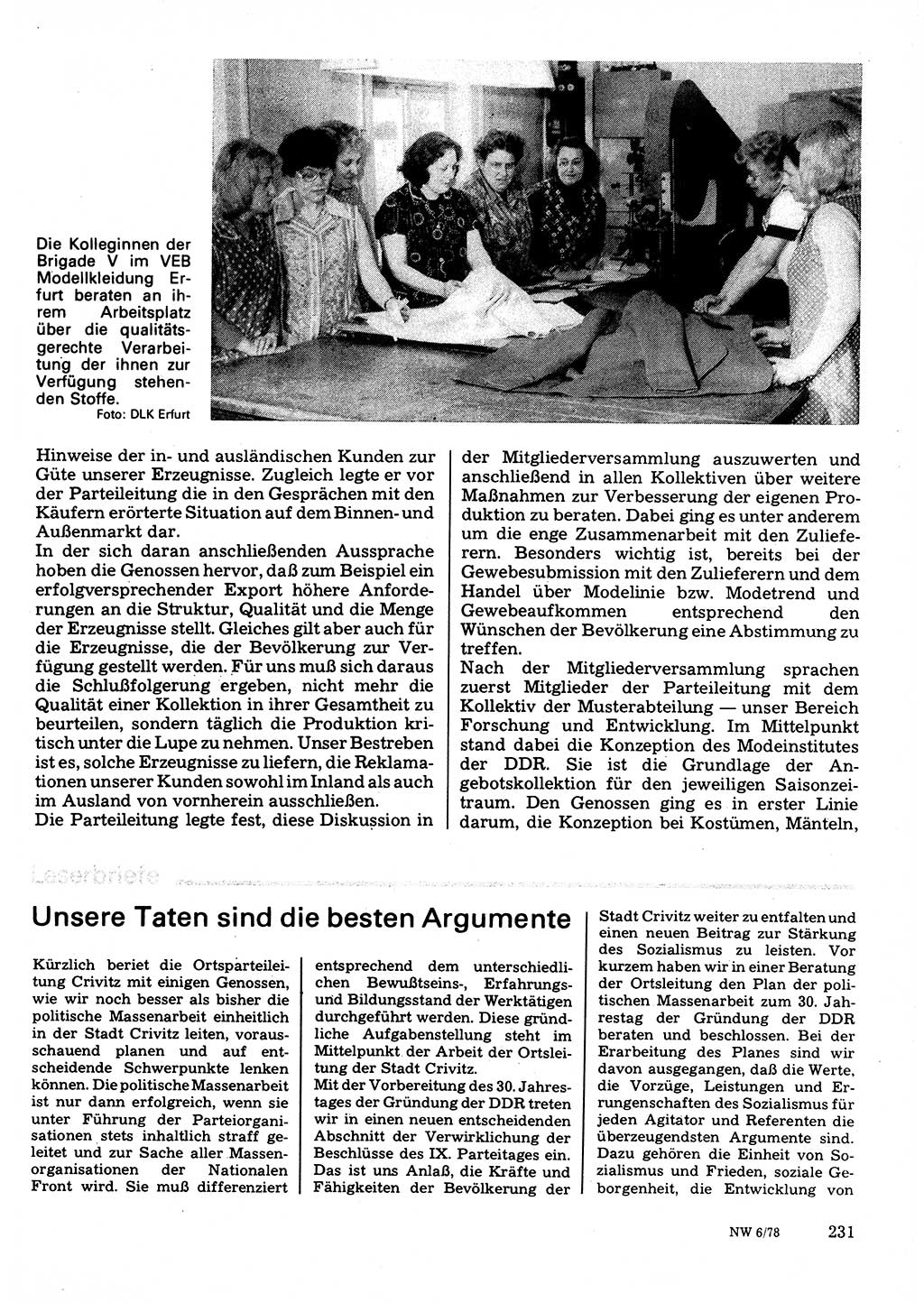 Neuer Weg (NW), Organ des Zentralkomitees (ZK) der SED (Sozialistische Einheitspartei Deutschlands) für Fragen des Parteilebens, 33. Jahrgang [Deutsche Demokratische Republik (DDR)] 1978, Seite 231 (NW ZK SED DDR 1978, S. 231)