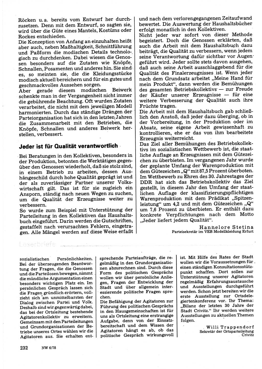 Neuer Weg (NW), Organ des Zentralkomitees (ZK) der SED (Sozialistische Einheitspartei Deutschlands) für Fragen des Parteilebens, 33. Jahrgang [Deutsche Demokratische Republik (DDR)] 1978, Seite 232 (NW ZK SED DDR 1978, S. 232)