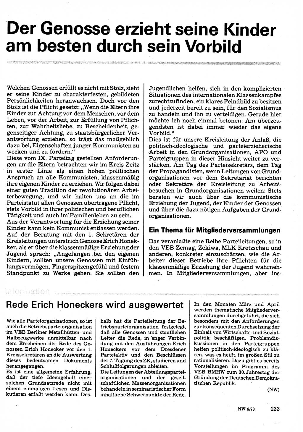 Neuer Weg (NW), Organ des Zentralkomitees (ZK) der SED (Sozialistische Einheitspartei Deutschlands) für Fragen des Parteilebens, 33. Jahrgang [Deutsche Demokratische Republik (DDR)] 1978, Seite 233 (NW ZK SED DDR 1978, S. 233)