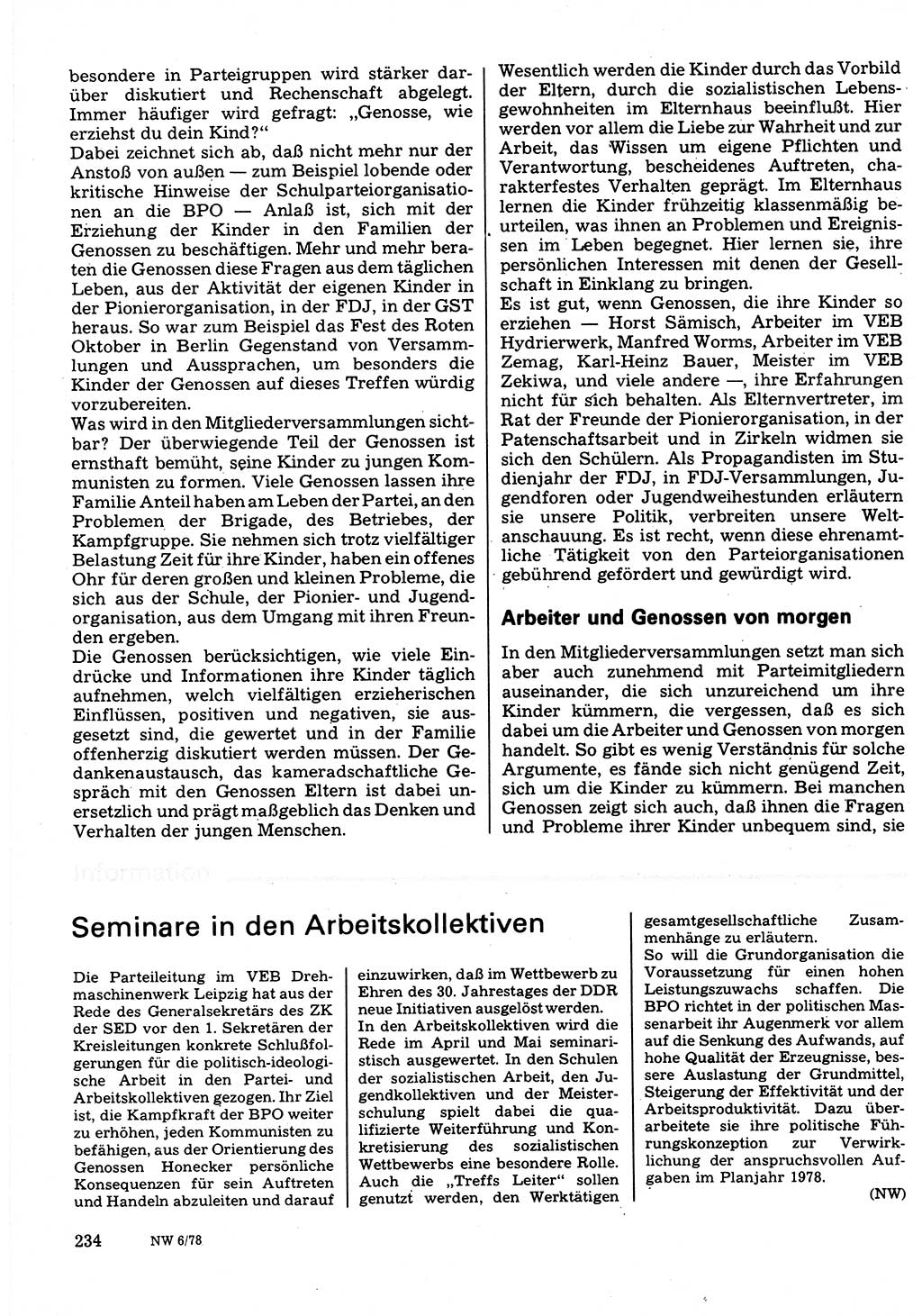 Neuer Weg (NW), Organ des Zentralkomitees (ZK) der SED (Sozialistische Einheitspartei Deutschlands) für Fragen des Parteilebens, 33. Jahrgang [Deutsche Demokratische Republik (DDR)] 1978, Seite 234 (NW ZK SED DDR 1978, S. 234)