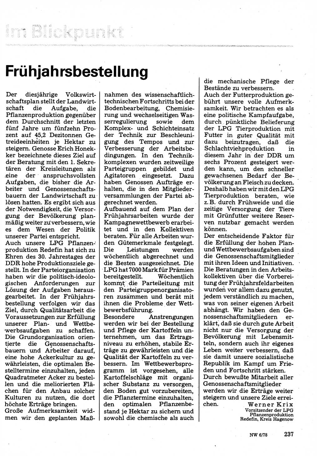 Neuer Weg (NW), Organ des Zentralkomitees (ZK) der SED (Sozialistische Einheitspartei Deutschlands) für Fragen des Parteilebens, 33. Jahrgang [Deutsche Demokratische Republik (DDR)] 1978, Seite 237 (NW ZK SED DDR 1978, S. 237)