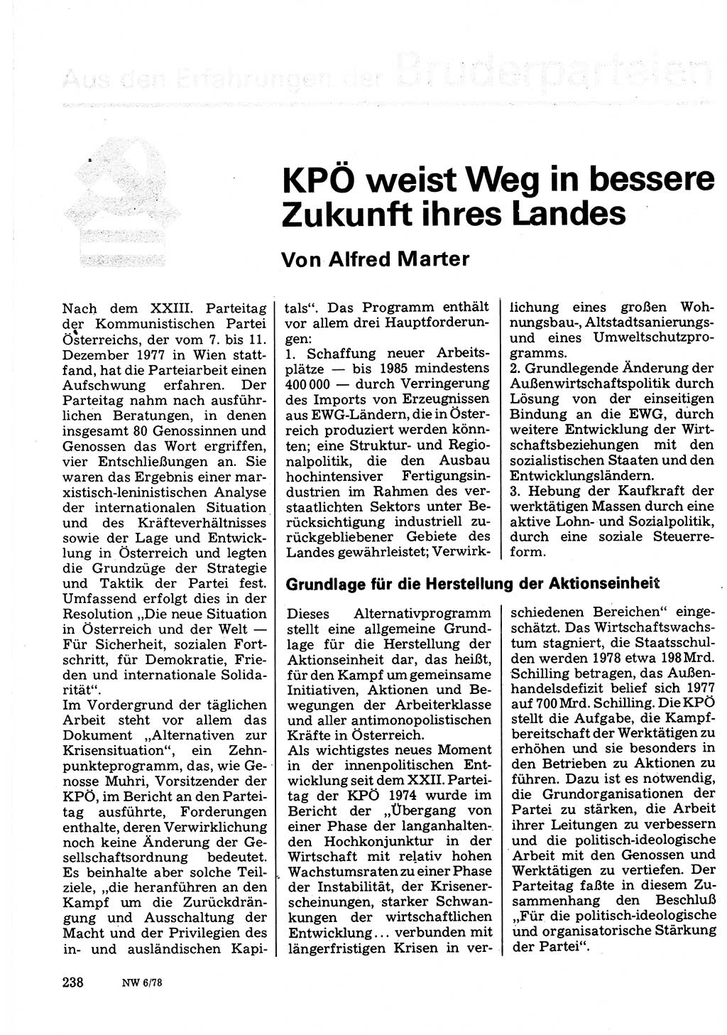 Neuer Weg (NW), Organ des Zentralkomitees (ZK) der SED (Sozialistische Einheitspartei Deutschlands) für Fragen des Parteilebens, 33. Jahrgang [Deutsche Demokratische Republik (DDR)] 1978, Seite 238 (NW ZK SED DDR 1978, S. 238)