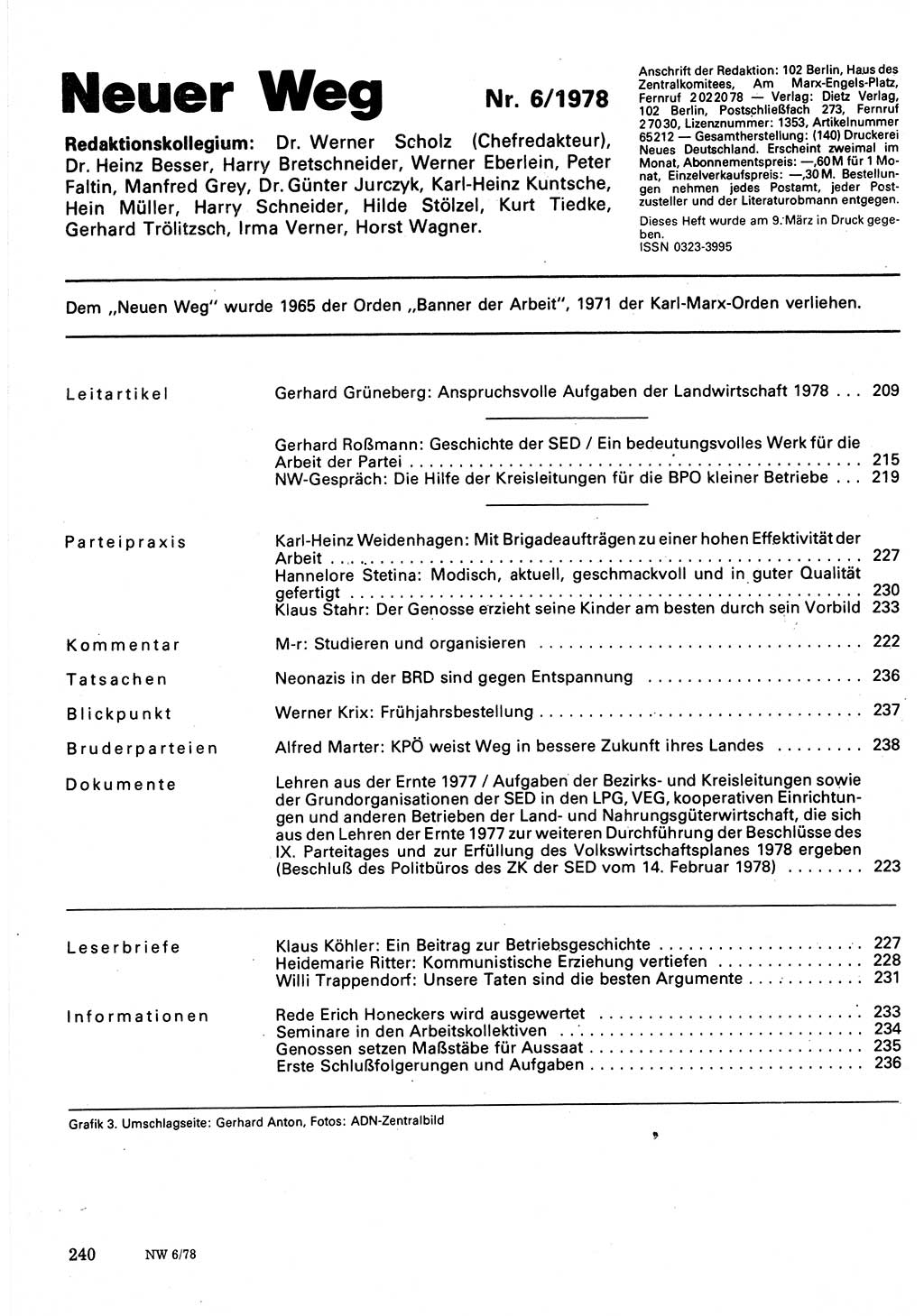 Neuer Weg (NW), Organ des Zentralkomitees (ZK) der SED (Sozialistische Einheitspartei Deutschlands) für Fragen des Parteilebens, 33. Jahrgang [Deutsche Demokratische Republik (DDR)] 1978, Seite 240 (NW ZK SED DDR 1978, S. 240)