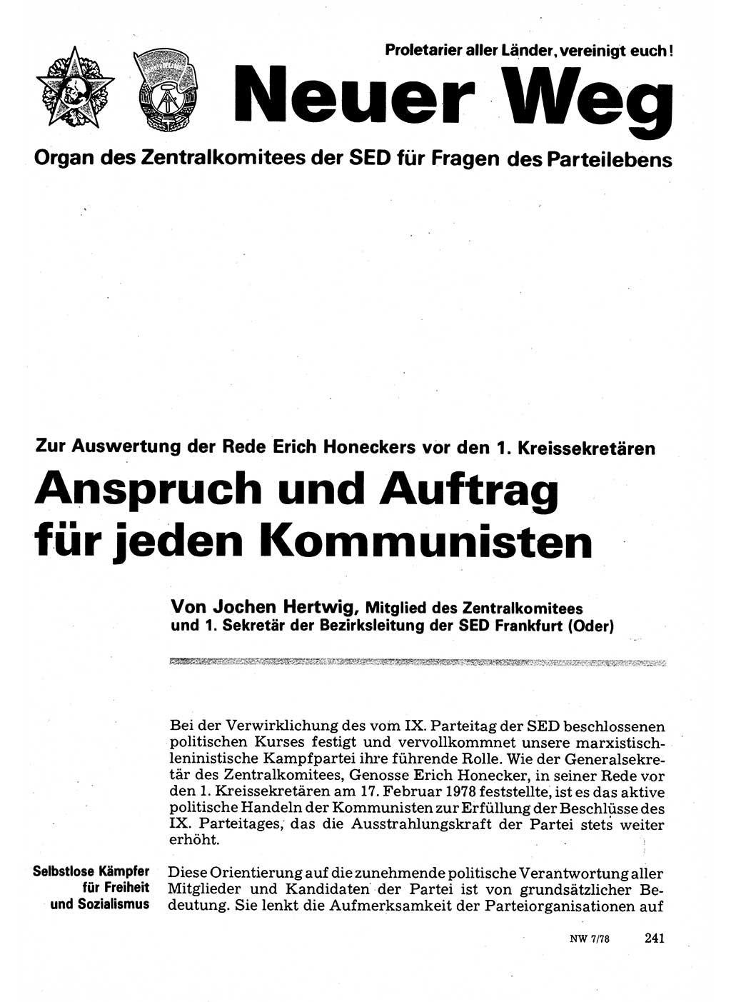 Neuer Weg (NW), Organ des Zentralkomitees (ZK) der SED (Sozialistische Einheitspartei Deutschlands) für Fragen des Parteilebens, 33. Jahrgang [Deutsche Demokratische Republik (DDR)] 1978, Seite 241 (NW ZK SED DDR 1978, S. 241)