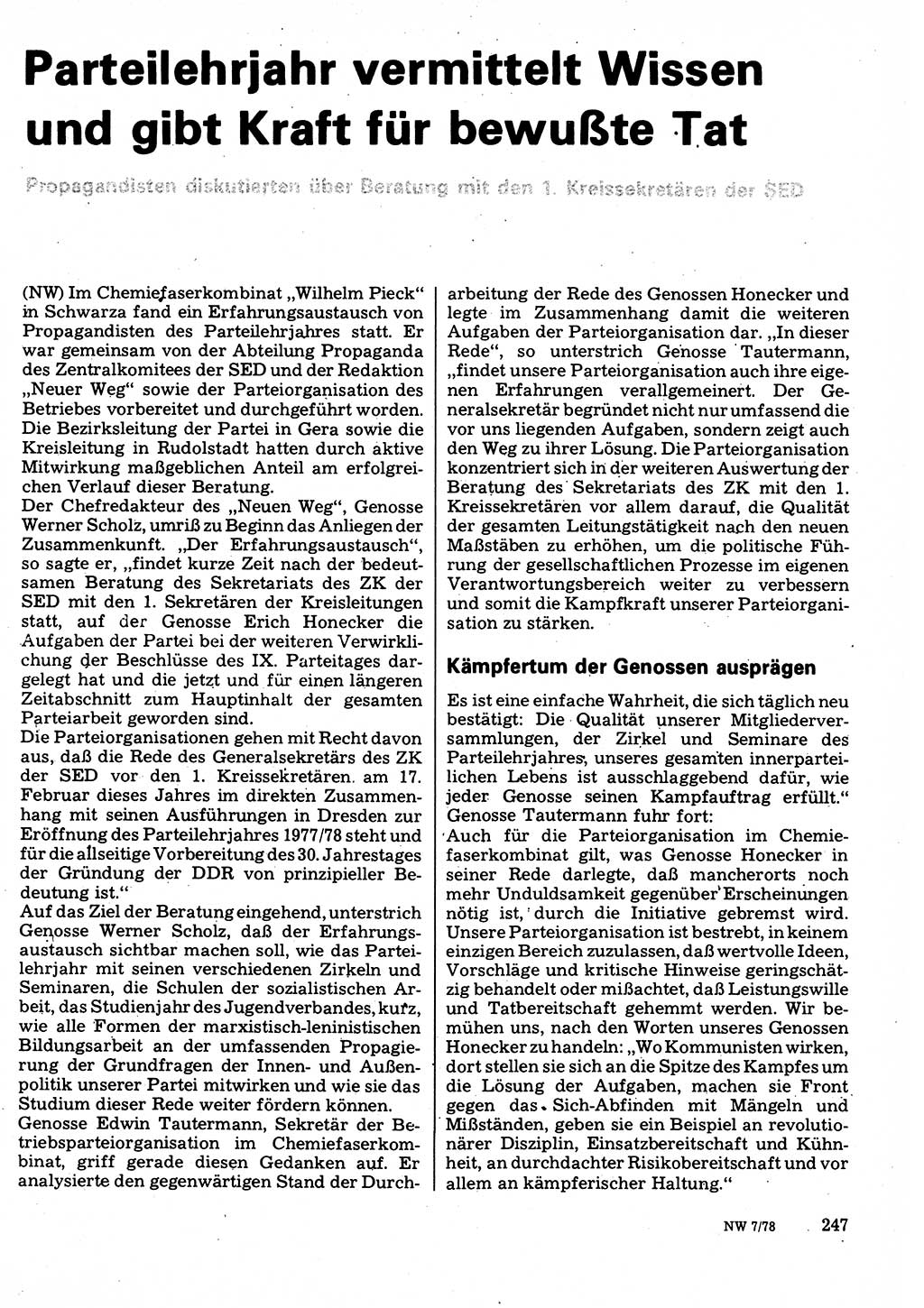 Neuer Weg (NW), Organ des Zentralkomitees (ZK) der SED (Sozialistische Einheitspartei Deutschlands) für Fragen des Parteilebens, 33. Jahrgang [Deutsche Demokratische Republik (DDR)] 1978, Seite 247 (NW ZK SED DDR 1978, S. 247)
