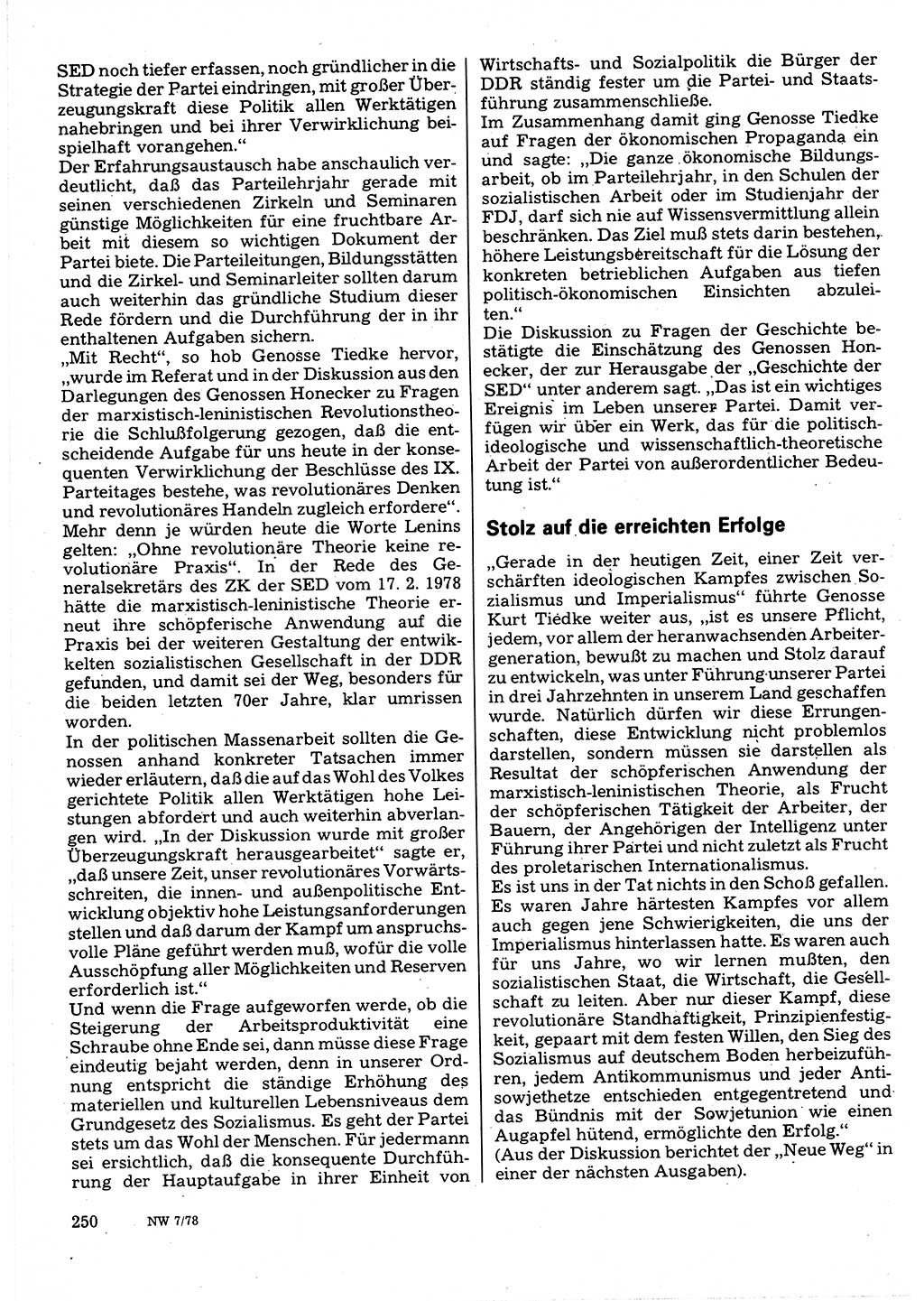 Neuer Weg (NW), Organ des Zentralkomitees (ZK) der SED (Sozialistische Einheitspartei Deutschlands) für Fragen des Parteilebens, 33. Jahrgang [Deutsche Demokratische Republik (DDR)] 1978, Seite 250 (NW ZK SED DDR 1978, S. 250)