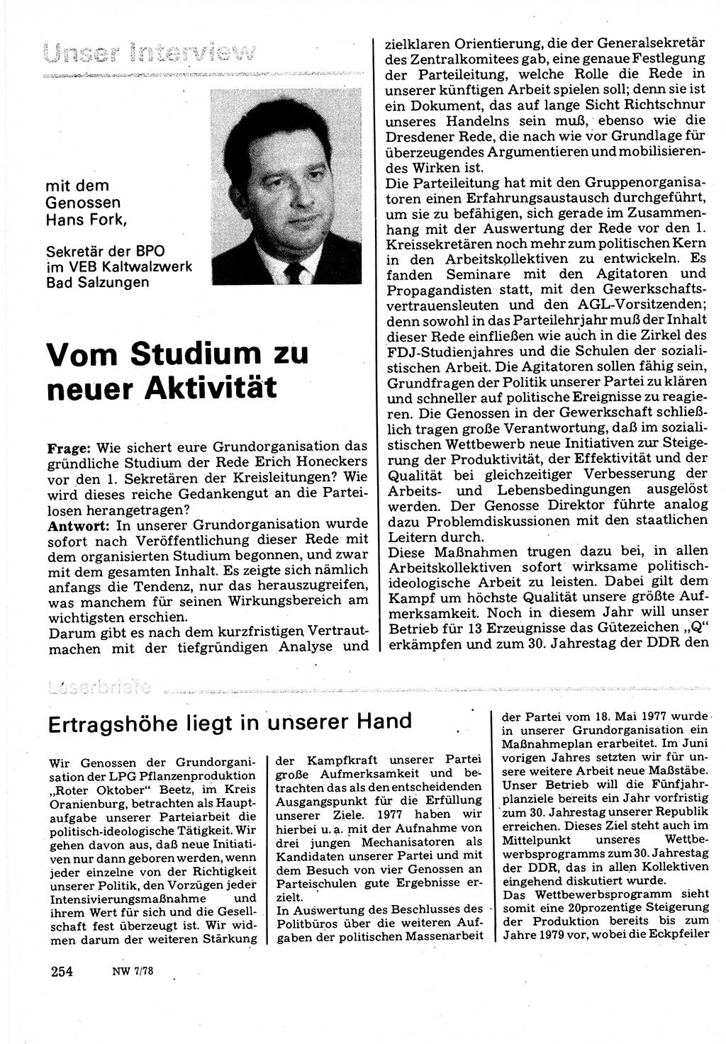 Neuer Weg (NW), Organ des Zentralkomitees (ZK) der SED (Sozialistische Einheitspartei Deutschlands) für Fragen des Parteilebens, 33. Jahrgang [Deutsche Demokratische Republik (DDR)] 1978, Seite 254 (NW ZK SED DDR 1978, S. 254)