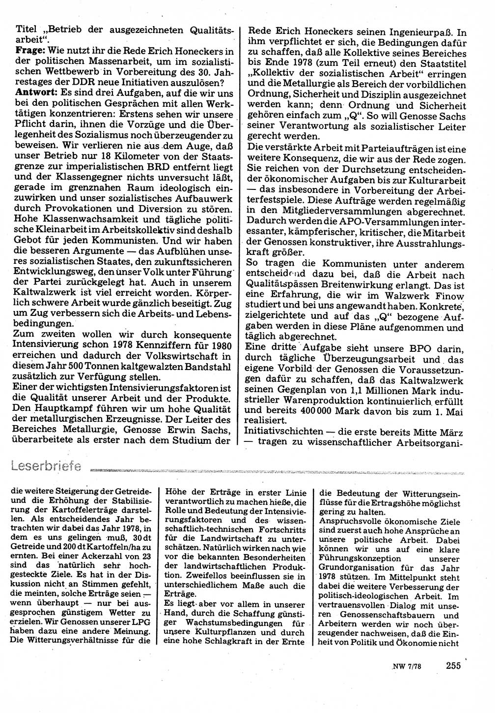 Neuer Weg (NW), Organ des Zentralkomitees (ZK) der SED (Sozialistische Einheitspartei Deutschlands) für Fragen des Parteilebens, 33. Jahrgang [Deutsche Demokratische Republik (DDR)] 1978, Seite 255 (NW ZK SED DDR 1978, S. 255)