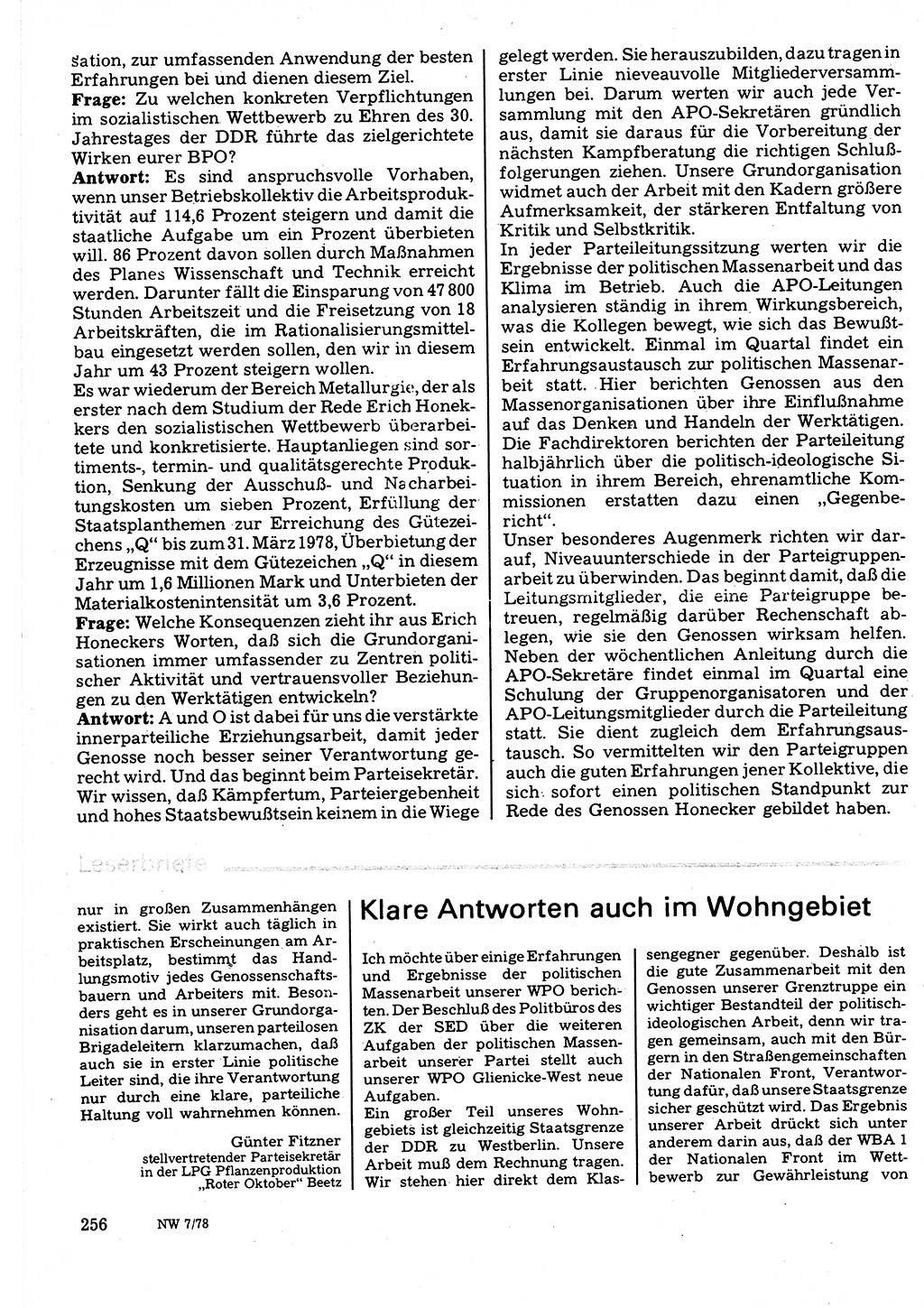 Neuer Weg (NW), Organ des Zentralkomitees (ZK) der SED (Sozialistische Einheitspartei Deutschlands) für Fragen des Parteilebens, 33. Jahrgang [Deutsche Demokratische Republik (DDR)] 1978, Seite 256 (NW ZK SED DDR 1978, S. 256)