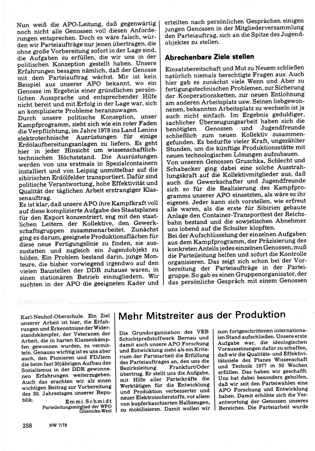 Neuer Weg (NW), Organ des Zentralkomitees (ZK) der SED (Sozialistische Einheitspartei Deutschlands) für Fragen des Parteilebens, 33. Jahrgang [Deutsche Demokratische Republik (DDR)] 1978, Seite 258 (NW ZK SED DDR 1978, S. 258)