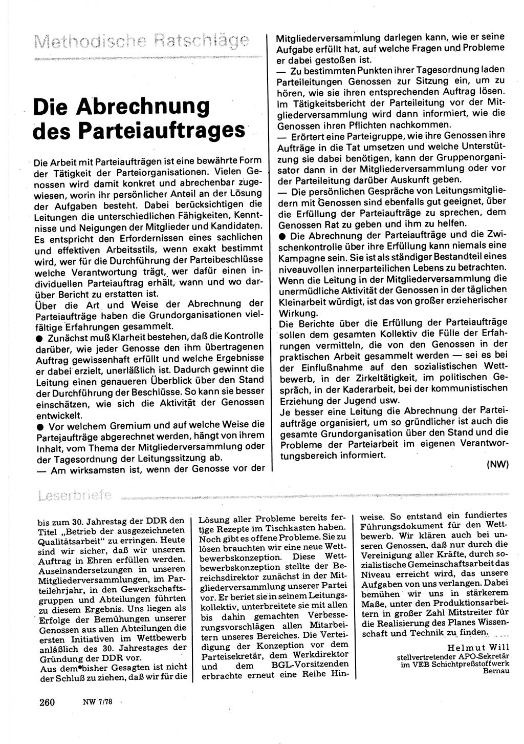 Neuer Weg (NW), Organ des Zentralkomitees (ZK) der SED (Sozialistische Einheitspartei Deutschlands) für Fragen des Parteilebens, 33. Jahrgang [Deutsche Demokratische Republik (DDR)] 1978, Seite 260 (NW ZK SED DDR 1978, S. 260)