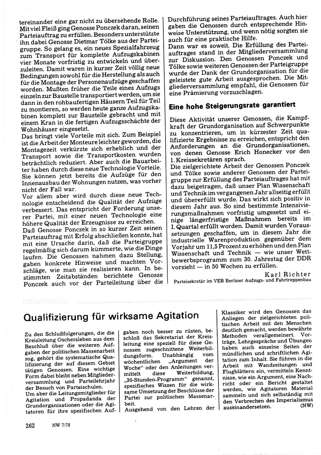 Neuer Weg (NW), Organ des Zentralkomitees (ZK) der SED (Sozialistische Einheitspartei Deutschlands) für Fragen des Parteilebens, 33. Jahrgang [Deutsche Demokratische Republik (DDR)] 1978, Seite 262 (NW ZK SED DDR 1978, S. 262)