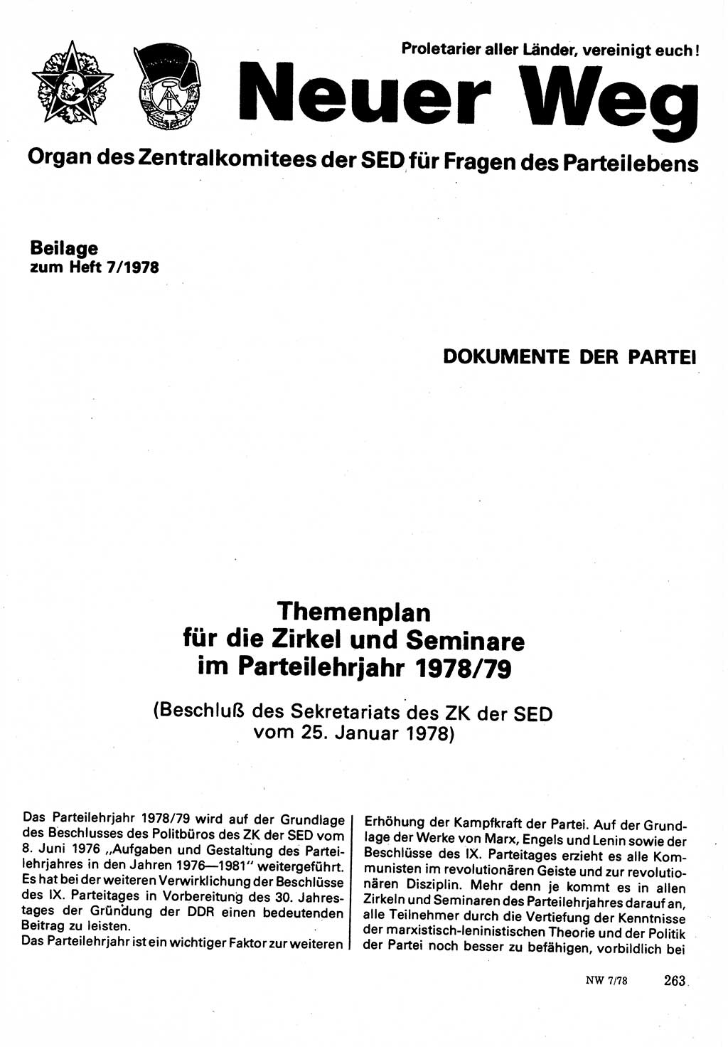 Neuer Weg (NW), Organ des Zentralkomitees (ZK) der SED (Sozialistische Einheitspartei Deutschlands) für Fragen des Parteilebens, 33. Jahrgang [Deutsche Demokratische Republik (DDR)] 1978, Seite 263 (NW ZK SED DDR 1978, S. 263)