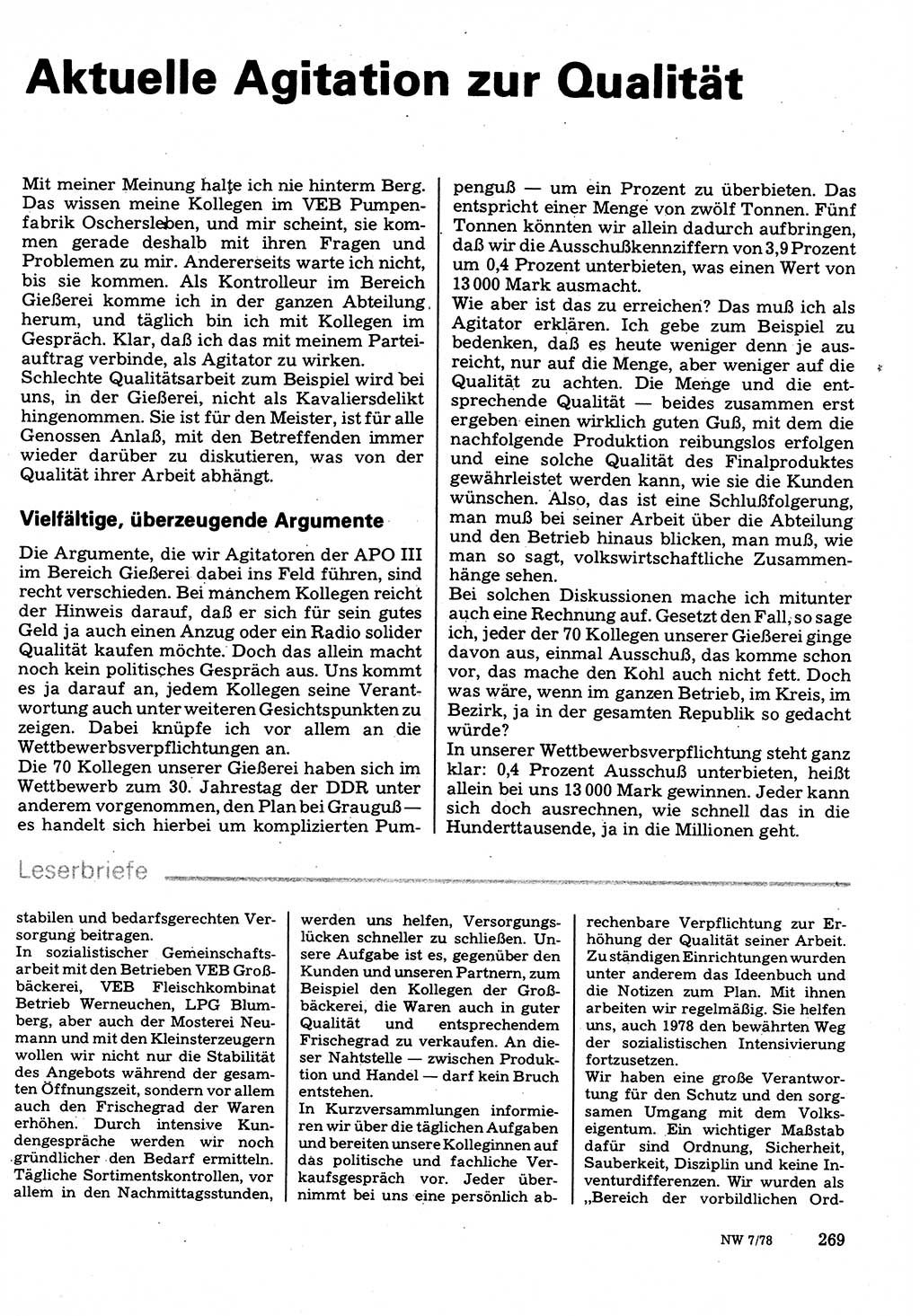 Neuer Weg (NW), Organ des Zentralkomitees (ZK) der SED (Sozialistische Einheitspartei Deutschlands) für Fragen des Parteilebens, 33. Jahrgang [Deutsche Demokratische Republik (DDR)] 1978, Seite 269 (NW ZK SED DDR 1978, S. 269)