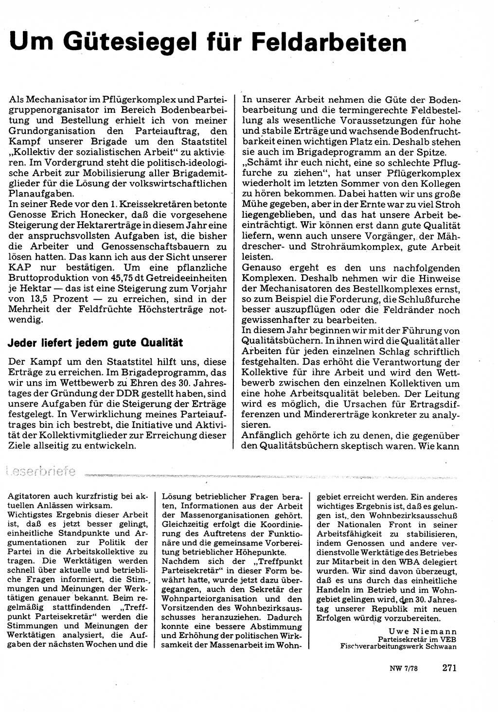 Neuer Weg (NW), Organ des Zentralkomitees (ZK) der SED (Sozialistische Einheitspartei Deutschlands) für Fragen des Parteilebens, 33. Jahrgang [Deutsche Demokratische Republik (DDR)] 1978, Seite 271 (NW ZK SED DDR 1978, S. 271)