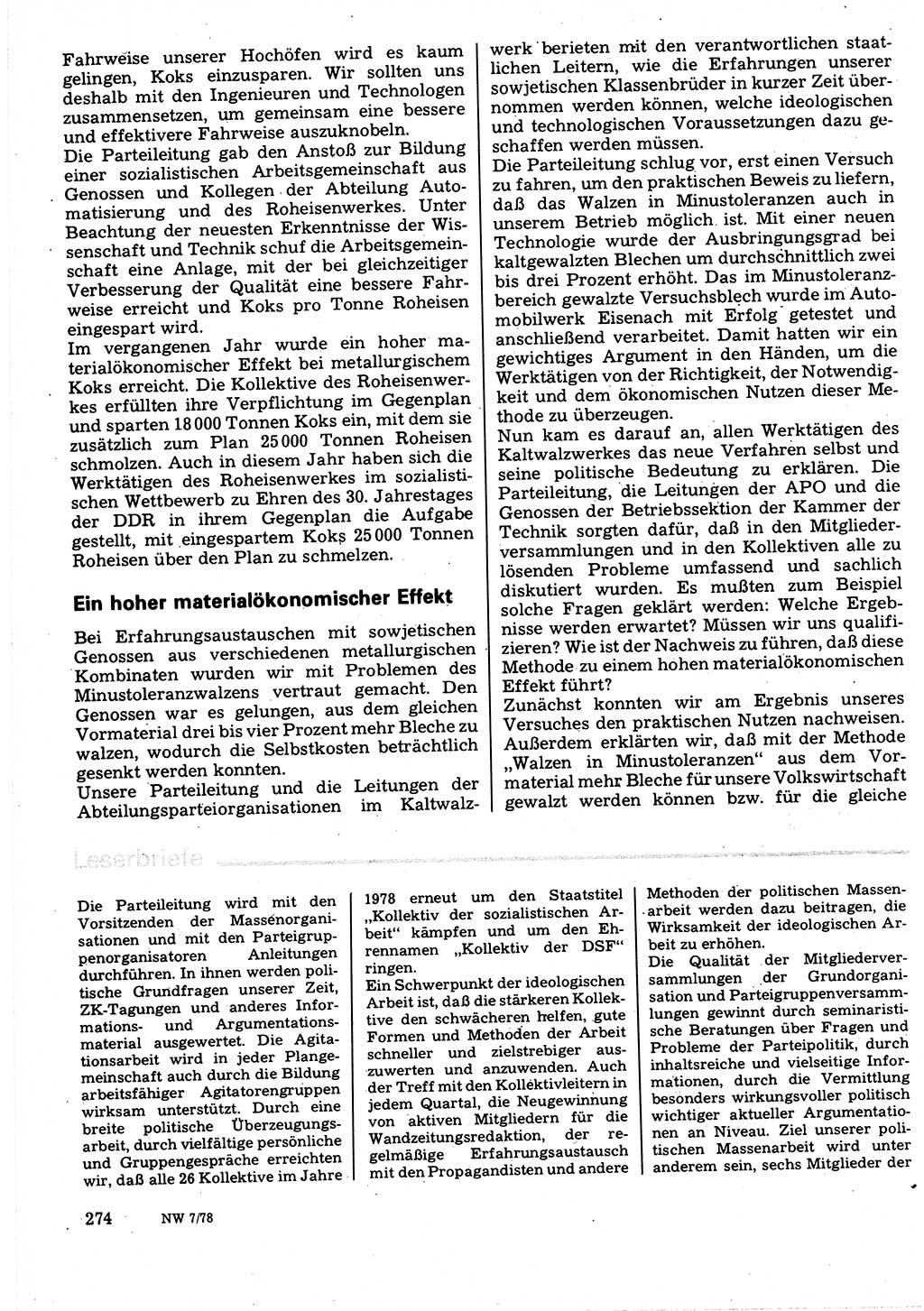 Neuer Weg (NW), Organ des Zentralkomitees (ZK) der SED (Sozialistische Einheitspartei Deutschlands) für Fragen des Parteilebens, 33. Jahrgang [Deutsche Demokratische Republik (DDR)] 1978, Seite 274 (NW ZK SED DDR 1978, S. 274)