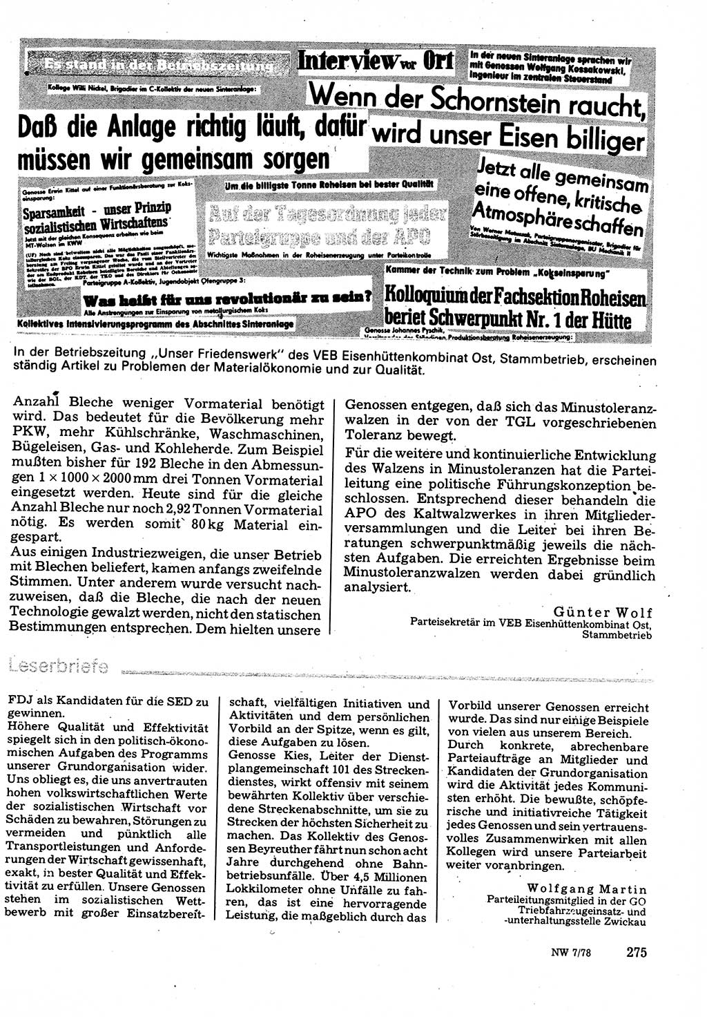 Neuer Weg (NW), Organ des Zentralkomitees (ZK) der SED (Sozialistische Einheitspartei Deutschlands) für Fragen des Parteilebens, 33. Jahrgang [Deutsche Demokratische Republik (DDR)] 1978, Seite 275 (NW ZK SED DDR 1978, S. 275)