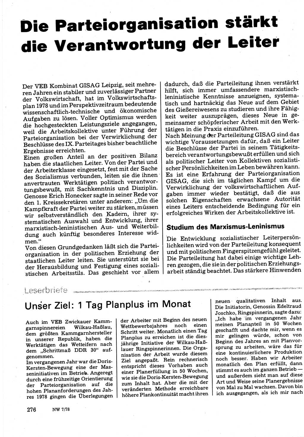 Neuer Weg (NW), Organ des Zentralkomitees (ZK) der SED (Sozialistische Einheitspartei Deutschlands) für Fragen des Parteilebens, 33. Jahrgang [Deutsche Demokratische Republik (DDR)] 1978, Seite 276 (NW ZK SED DDR 1978, S. 276)