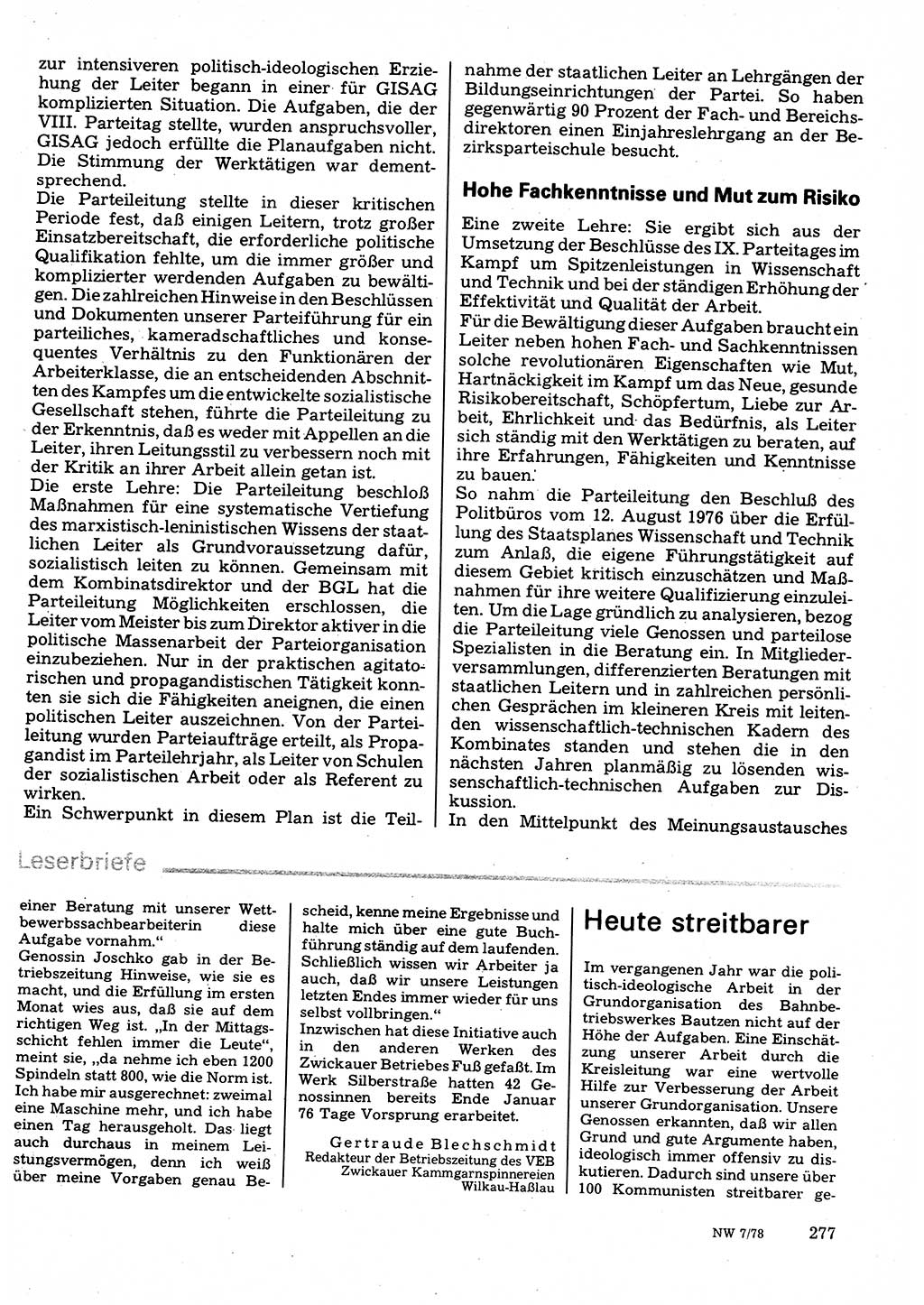 Neuer Weg (NW), Organ des Zentralkomitees (ZK) der SED (Sozialistische Einheitspartei Deutschlands) für Fragen des Parteilebens, 33. Jahrgang [Deutsche Demokratische Republik (DDR)] 1978, Seite 277 (NW ZK SED DDR 1978, S. 277)