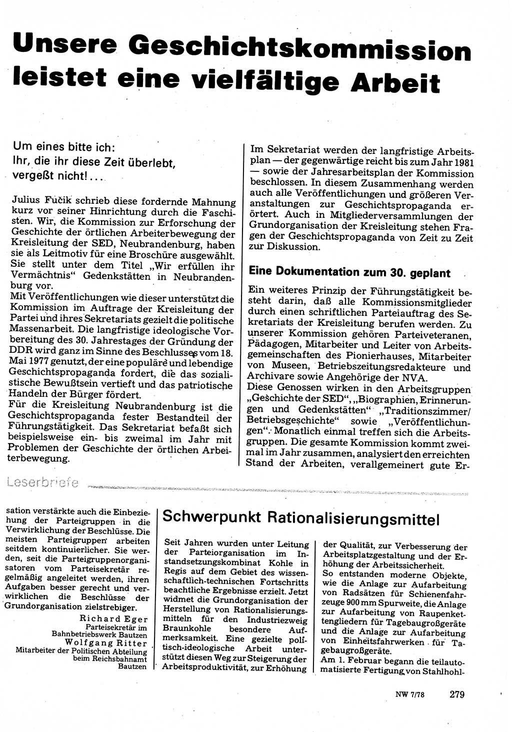 Neuer Weg (NW), Organ des Zentralkomitees (ZK) der SED (Sozialistische Einheitspartei Deutschlands) für Fragen des Parteilebens, 33. Jahrgang [Deutsche Demokratische Republik (DDR)] 1978, Seite 279 (NW ZK SED DDR 1978, S. 279)