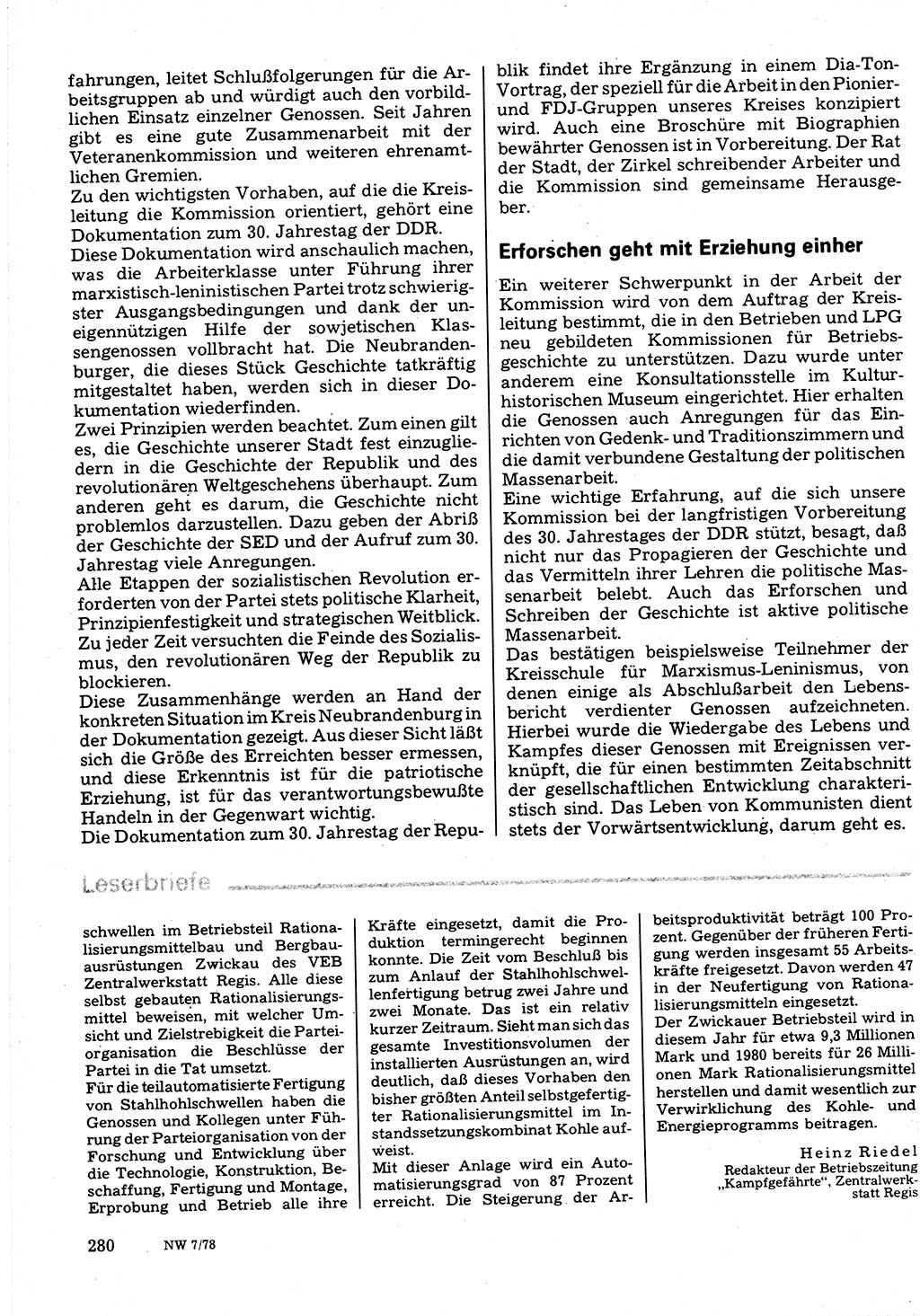 Neuer Weg (NW), Organ des Zentralkomitees (ZK) der SED (Sozialistische Einheitspartei Deutschlands) für Fragen des Parteilebens, 33. Jahrgang [Deutsche Demokratische Republik (DDR)] 1978, Seite 280 (NW ZK SED DDR 1978, S. 280)