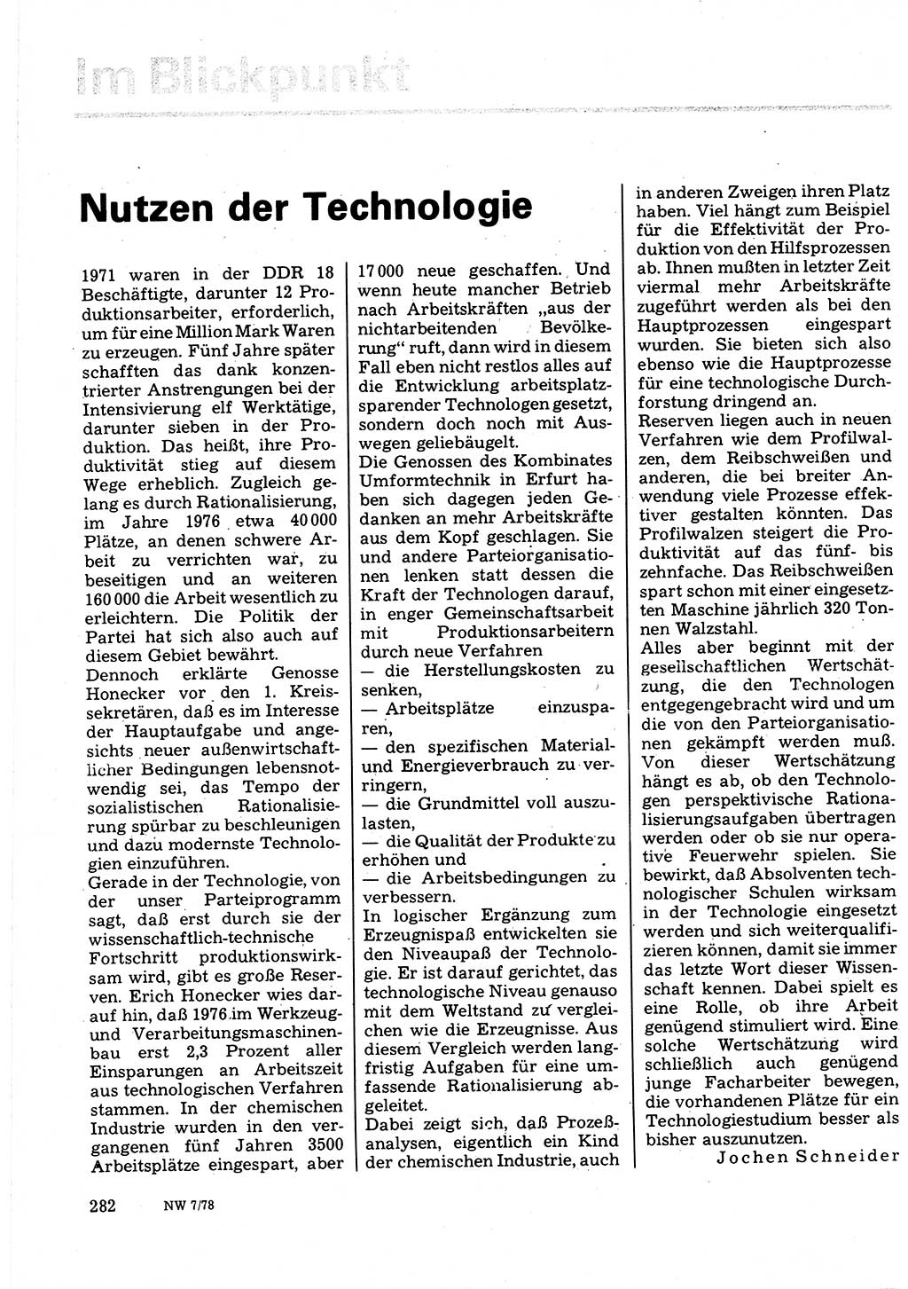 Neuer Weg (NW), Organ des Zentralkomitees (ZK) der SED (Sozialistische Einheitspartei Deutschlands) für Fragen des Parteilebens, 33. Jahrgang [Deutsche Demokratische Republik (DDR)] 1978, Seite 282 (NW ZK SED DDR 1978, S. 282)