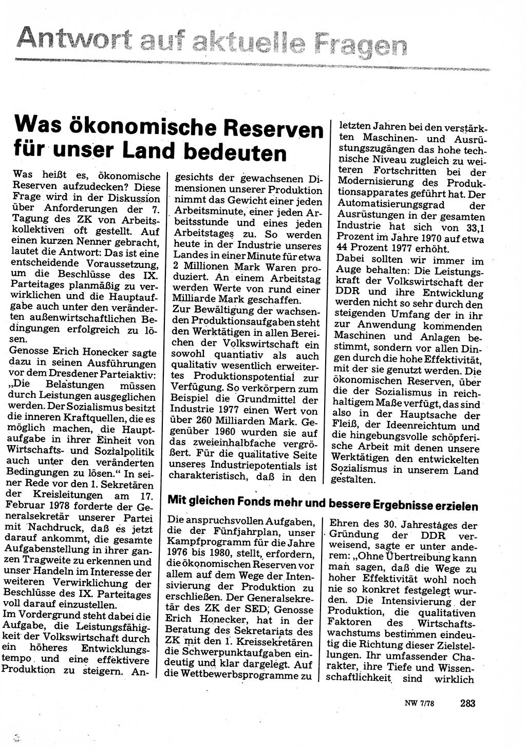 Neuer Weg (NW), Organ des Zentralkomitees (ZK) der SED (Sozialistische Einheitspartei Deutschlands) für Fragen des Parteilebens, 33. Jahrgang [Deutsche Demokratische Republik (DDR)] 1978, Seite 283 (NW ZK SED DDR 1978, S. 283)