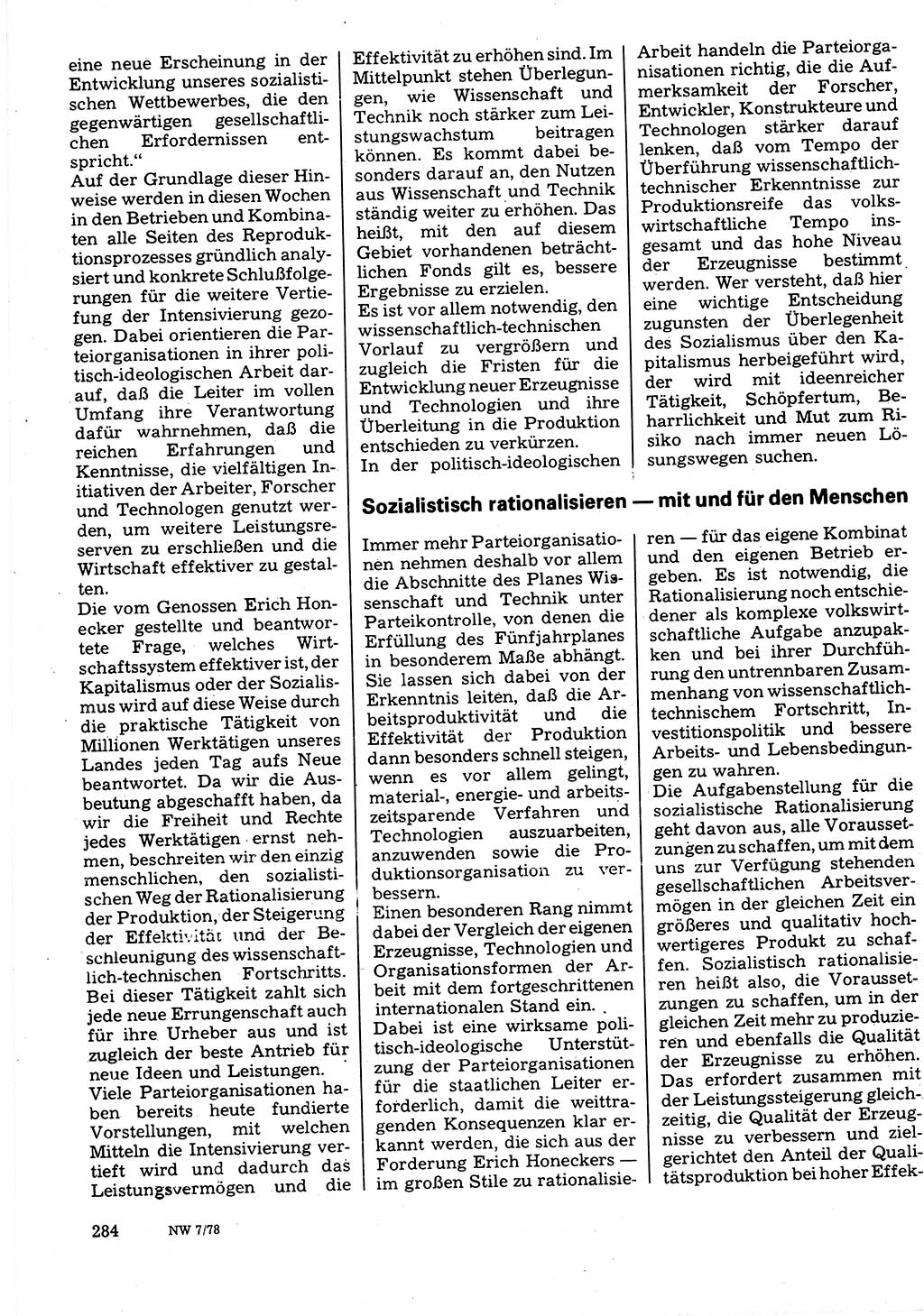 Neuer Weg (NW), Organ des Zentralkomitees (ZK) der SED (Sozialistische Einheitspartei Deutschlands) für Fragen des Parteilebens, 33. Jahrgang [Deutsche Demokratische Republik (DDR)] 1978, Seite 284 (NW ZK SED DDR 1978, S. 284)