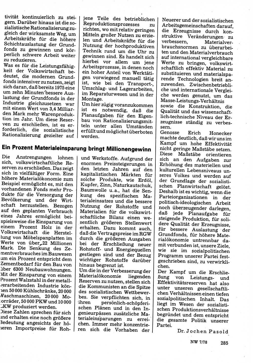 Neuer Weg (NW), Organ des Zentralkomitees (ZK) der SED (Sozialistische Einheitspartei Deutschlands) für Fragen des Parteilebens, 33. Jahrgang [Deutsche Demokratische Republik (DDR)] 1978, Seite 285 (NW ZK SED DDR 1978, S. 285)