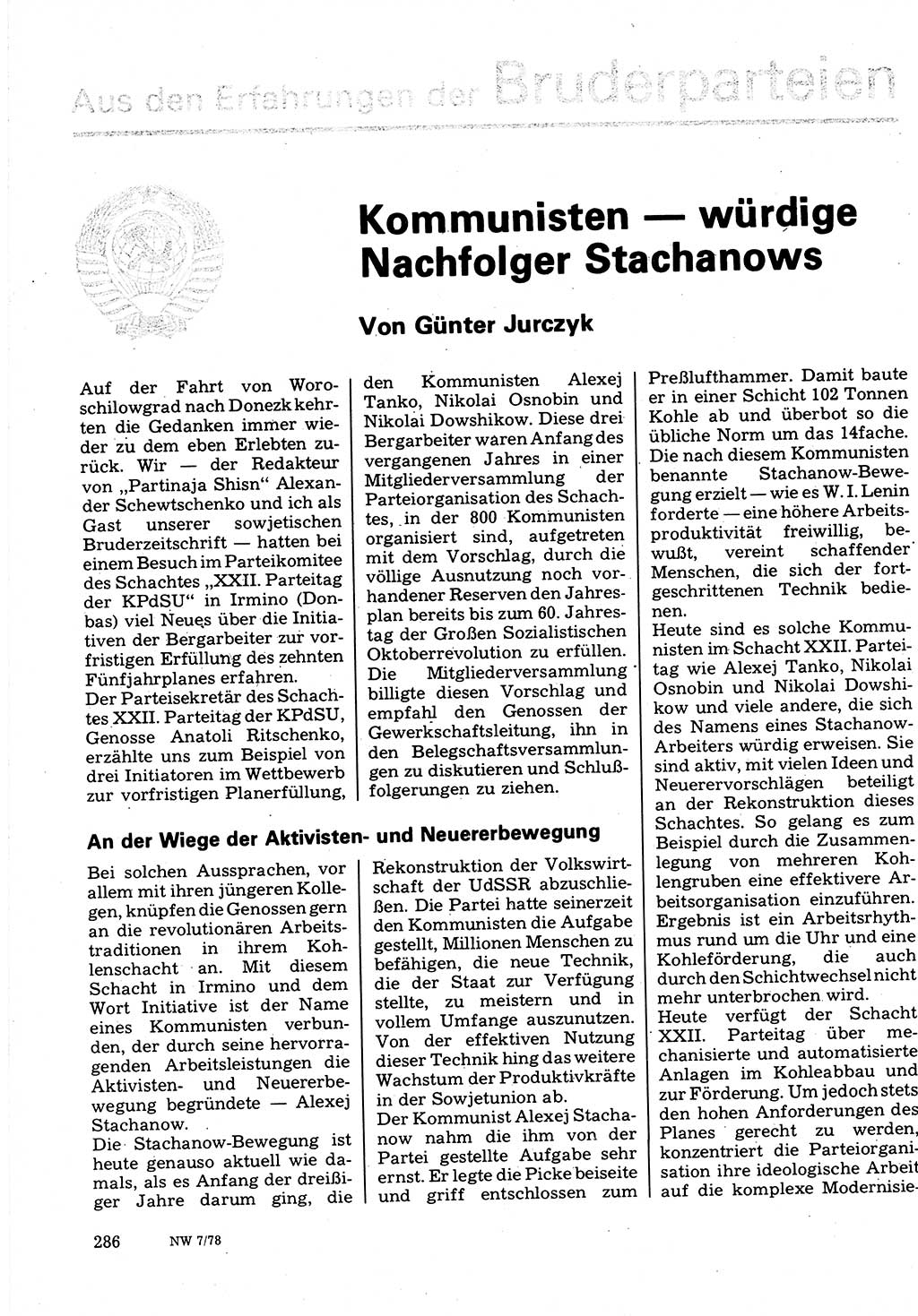 Neuer Weg (NW), Organ des Zentralkomitees (ZK) der SED (Sozialistische Einheitspartei Deutschlands) für Fragen des Parteilebens, 33. Jahrgang [Deutsche Demokratische Republik (DDR)] 1978, Seite 286 (NW ZK SED DDR 1978, S. 286)