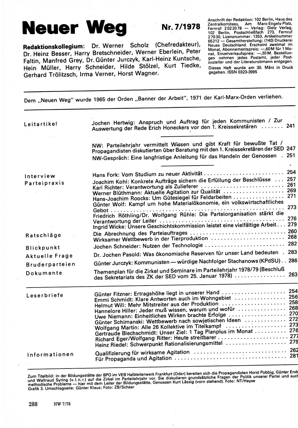 Neuer Weg (NW), Organ des Zentralkomitees (ZK) der SED (Sozialistische Einheitspartei Deutschlands) für Fragen des Parteilebens, 33. Jahrgang [Deutsche Demokratische Republik (DDR)] 1978, Seite 288 (NW ZK SED DDR 1978, S. 288)