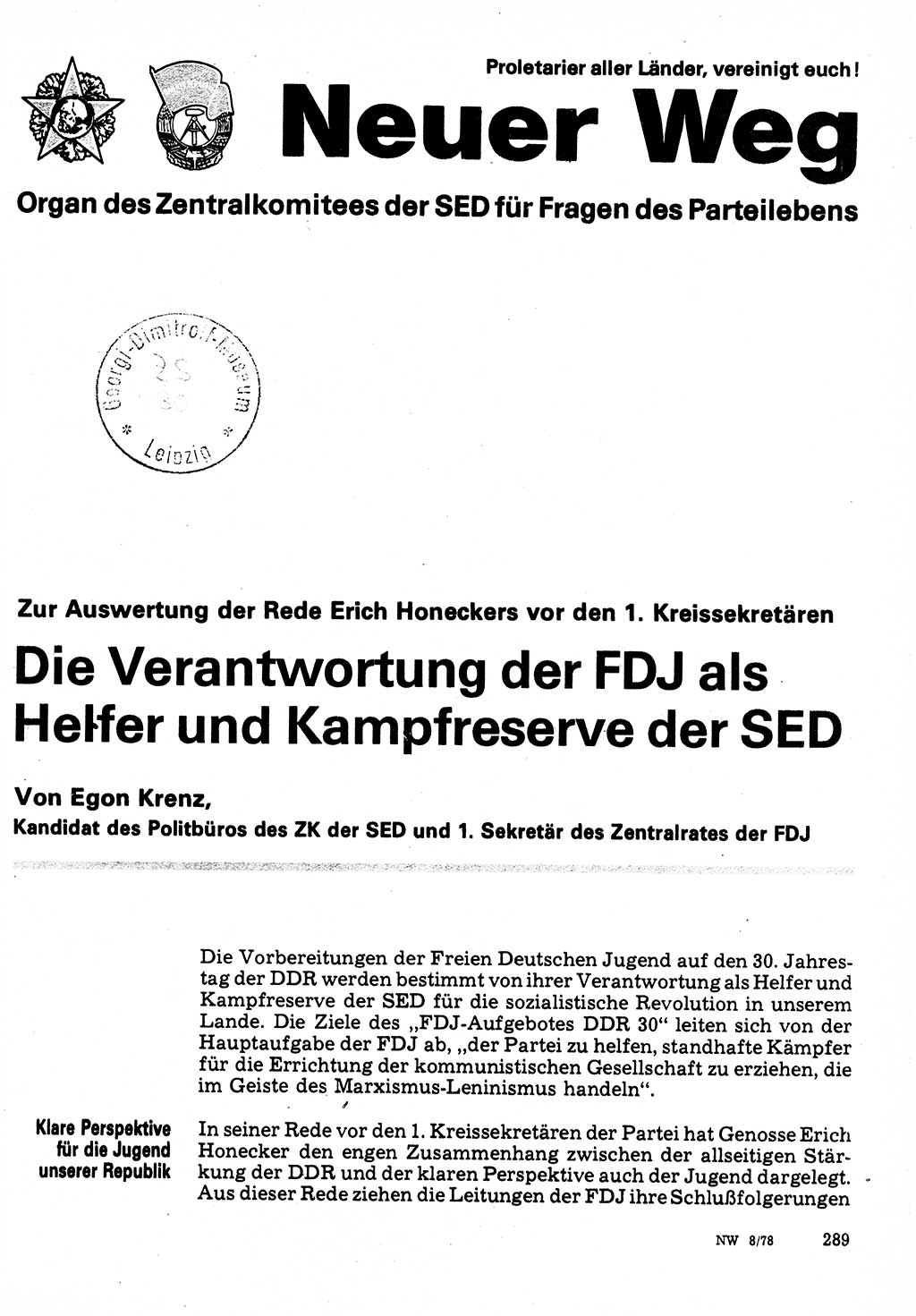 Neuer Weg (NW), Organ des Zentralkomitees (ZK) der SED (Sozialistische Einheitspartei Deutschlands) für Fragen des Parteilebens, 33. Jahrgang [Deutsche Demokratische Republik (DDR)] 1978, Seite 289 (NW ZK SED DDR 1978, S. 289)