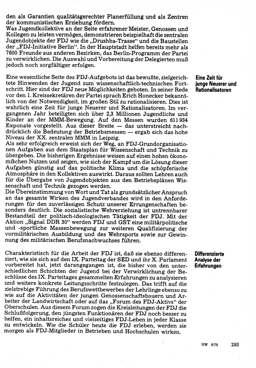 Neuer Weg (NW), Organ des Zentralkomitees (ZK) der SED (Sozialistische Einheitspartei Deutschlands) für Fragen des Parteilebens, 33. Jahrgang [Deutsche Demokratische Republik (DDR)] 1978, Seite 293 (NW ZK SED DDR 1978, S. 293)