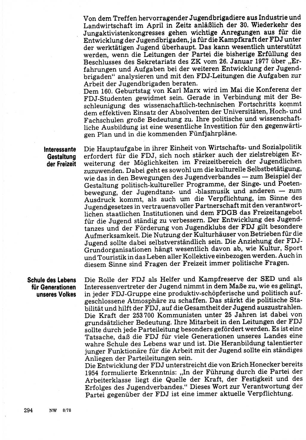 Neuer Weg (NW), Organ des Zentralkomitees (ZK) der SED (Sozialistische Einheitspartei Deutschlands) für Fragen des Parteilebens, 33. Jahrgang [Deutsche Demokratische Republik (DDR)] 1978, Seite 294 (NW ZK SED DDR 1978, S. 294)