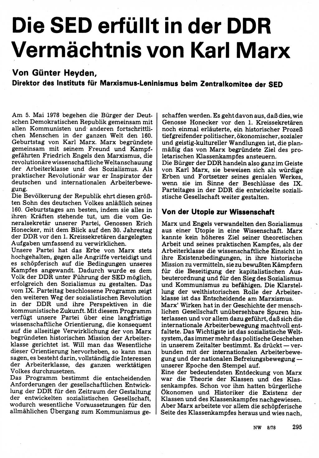 Neuer Weg (NW), Organ des Zentralkomitees (ZK) der SED (Sozialistische Einheitspartei Deutschlands) für Fragen des Parteilebens, 33. Jahrgang [Deutsche Demokratische Republik (DDR)] 1978, Seite 295 (NW ZK SED DDR 1978, S. 295)