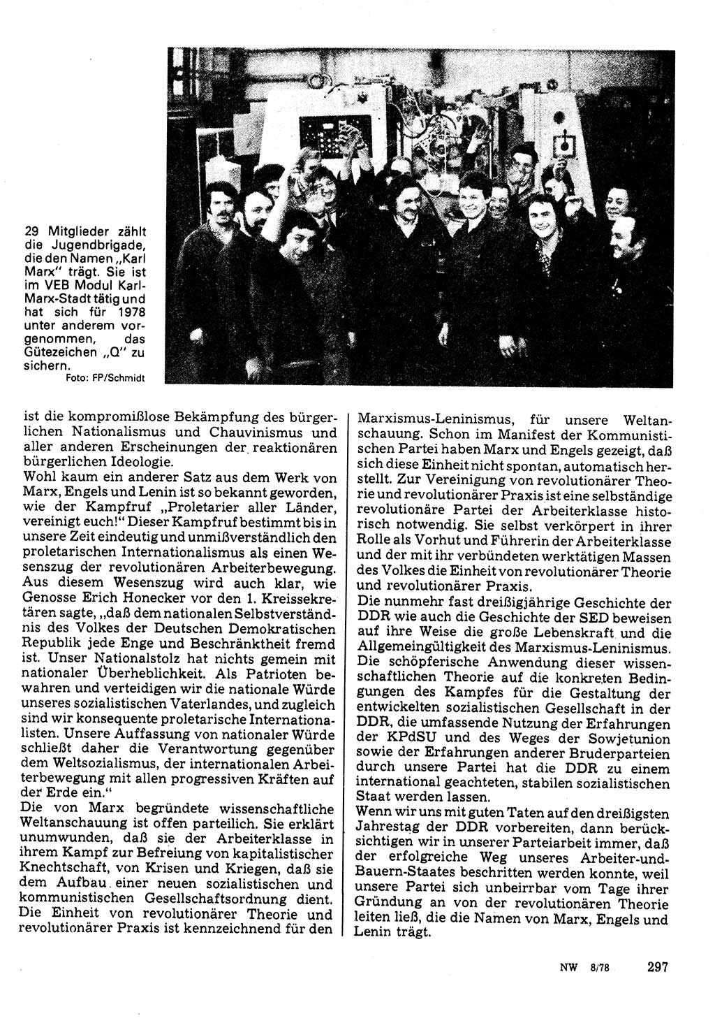 Neuer Weg (NW), Organ des Zentralkomitees (ZK) der SED (Sozialistische Einheitspartei Deutschlands) für Fragen des Parteilebens, 33. Jahrgang [Deutsche Demokratische Republik (DDR)] 1978, Seite 297 (NW ZK SED DDR 1978, S. 297)