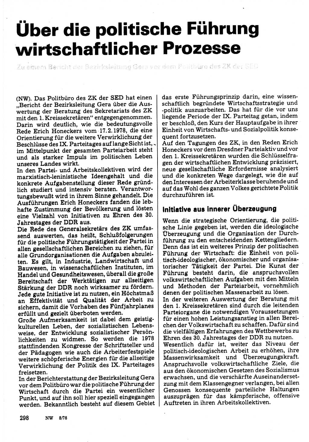 Neuer Weg (NW), Organ des Zentralkomitees (ZK) der SED (Sozialistische Einheitspartei Deutschlands) für Fragen des Parteilebens, 33. Jahrgang [Deutsche Demokratische Republik (DDR)] 1978, Seite 298 (NW ZK SED DDR 1978, S. 298)