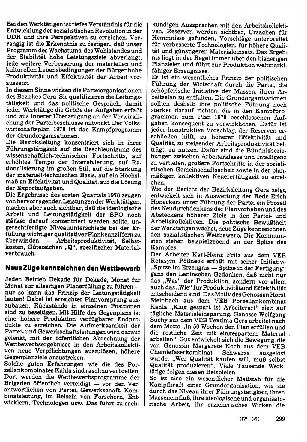 Neuer Weg (NW), Organ des Zentralkomitees (ZK) der SED (Sozialistische Einheitspartei Deutschlands) für Fragen des Parteilebens, 33. Jahrgang [Deutsche Demokratische Republik (DDR)] 1978, Seite 299 (NW ZK SED DDR 1978, S. 299)