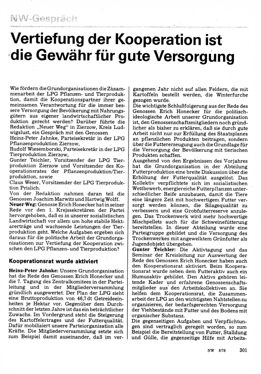 Neuer Weg (NW), Organ des Zentralkomitees (ZK) der SED (Sozialistische Einheitspartei Deutschlands) für Fragen des Parteilebens, 33. Jahrgang [Deutsche Demokratische Republik (DDR)] 1978, Seite 301 (NW ZK SED DDR 1978, S. 301)