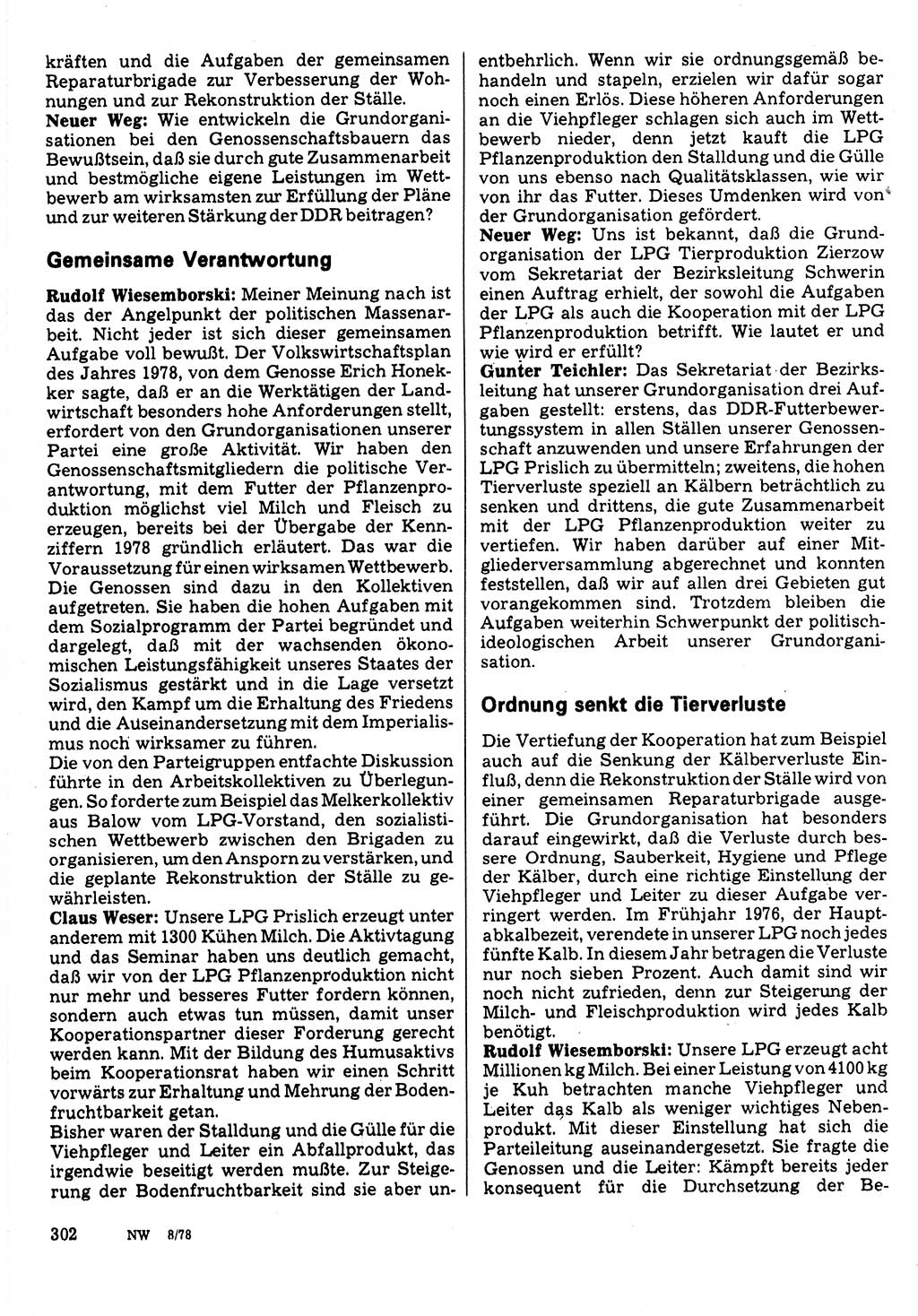 Neuer Weg (NW), Organ des Zentralkomitees (ZK) der SED (Sozialistische Einheitspartei Deutschlands) für Fragen des Parteilebens, 33. Jahrgang [Deutsche Demokratische Republik (DDR)] 1978, Seite 302 (NW ZK SED DDR 1978, S. 302)