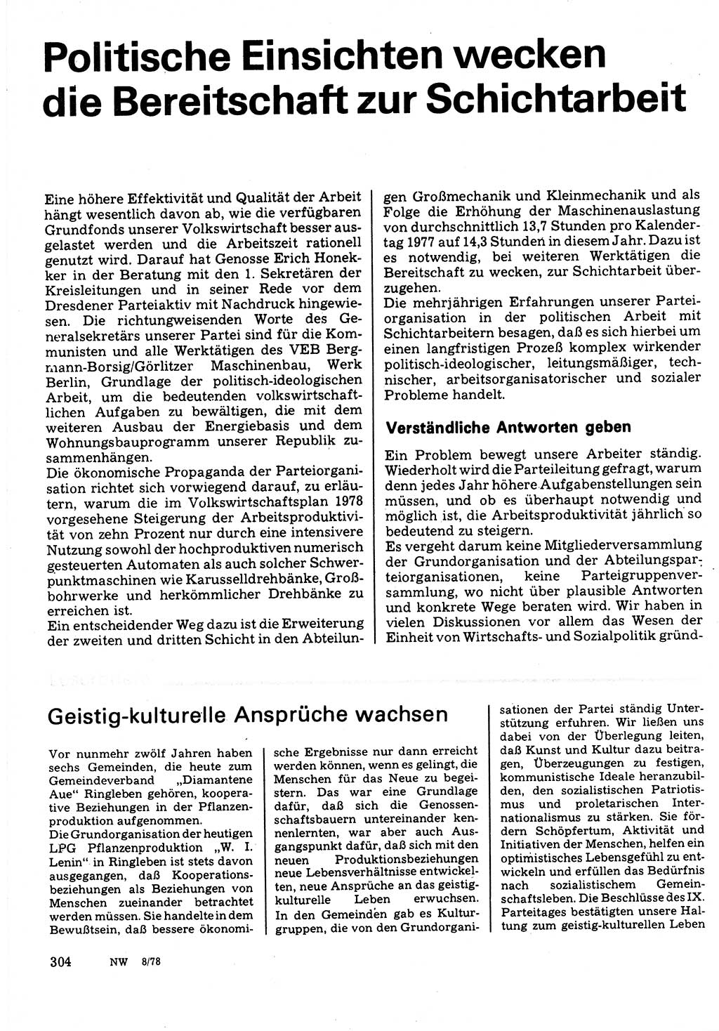 Neuer Weg (NW), Organ des Zentralkomitees (ZK) der SED (Sozialistische Einheitspartei Deutschlands) für Fragen des Parteilebens, 33. Jahrgang [Deutsche Demokratische Republik (DDR)] 1978, Seite 304 (NW ZK SED DDR 1978, S. 304)