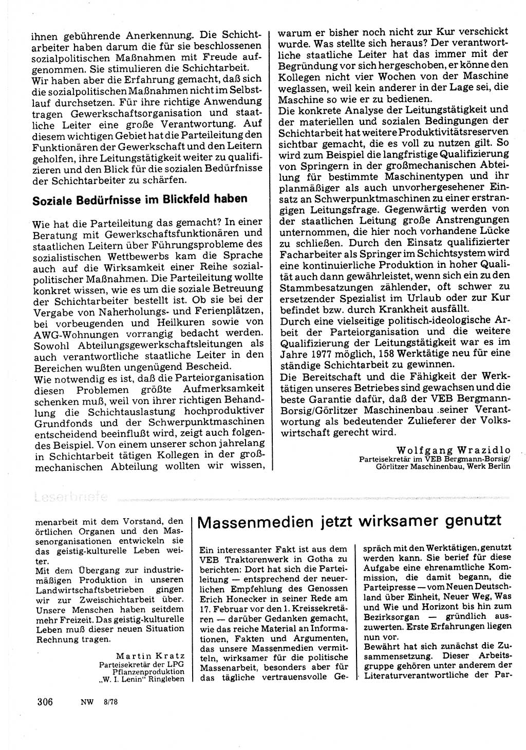 Neuer Weg (NW), Organ des Zentralkomitees (ZK) der SED (Sozialistische Einheitspartei Deutschlands) für Fragen des Parteilebens, 33. Jahrgang [Deutsche Demokratische Republik (DDR)] 1978, Seite 306 (NW ZK SED DDR 1978, S. 306)